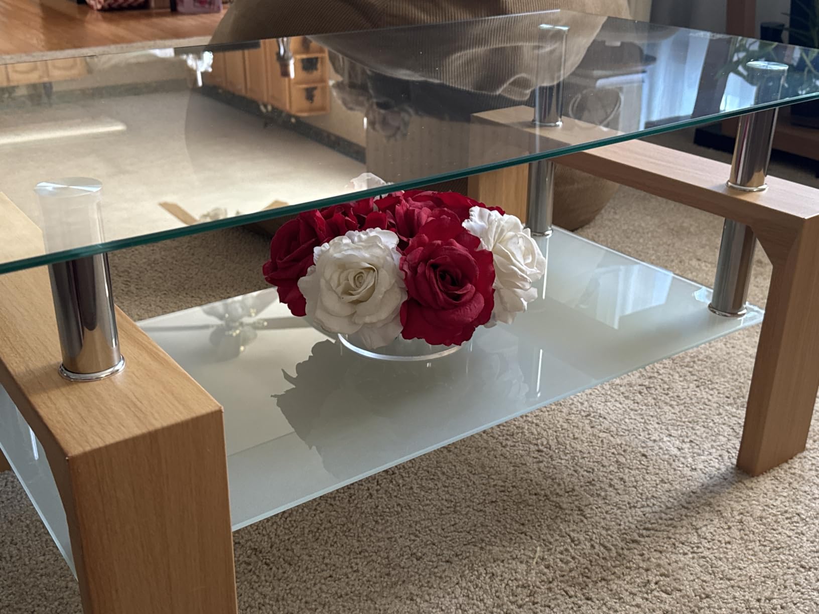 Btrpily Living Room Rectangle Coffee Table, Tea Table Suitable for Waiting Room, Modern Side Coffee Table with Wooden Leg, Glass Tabletop with Lower Shelf, Marble customer photo 1