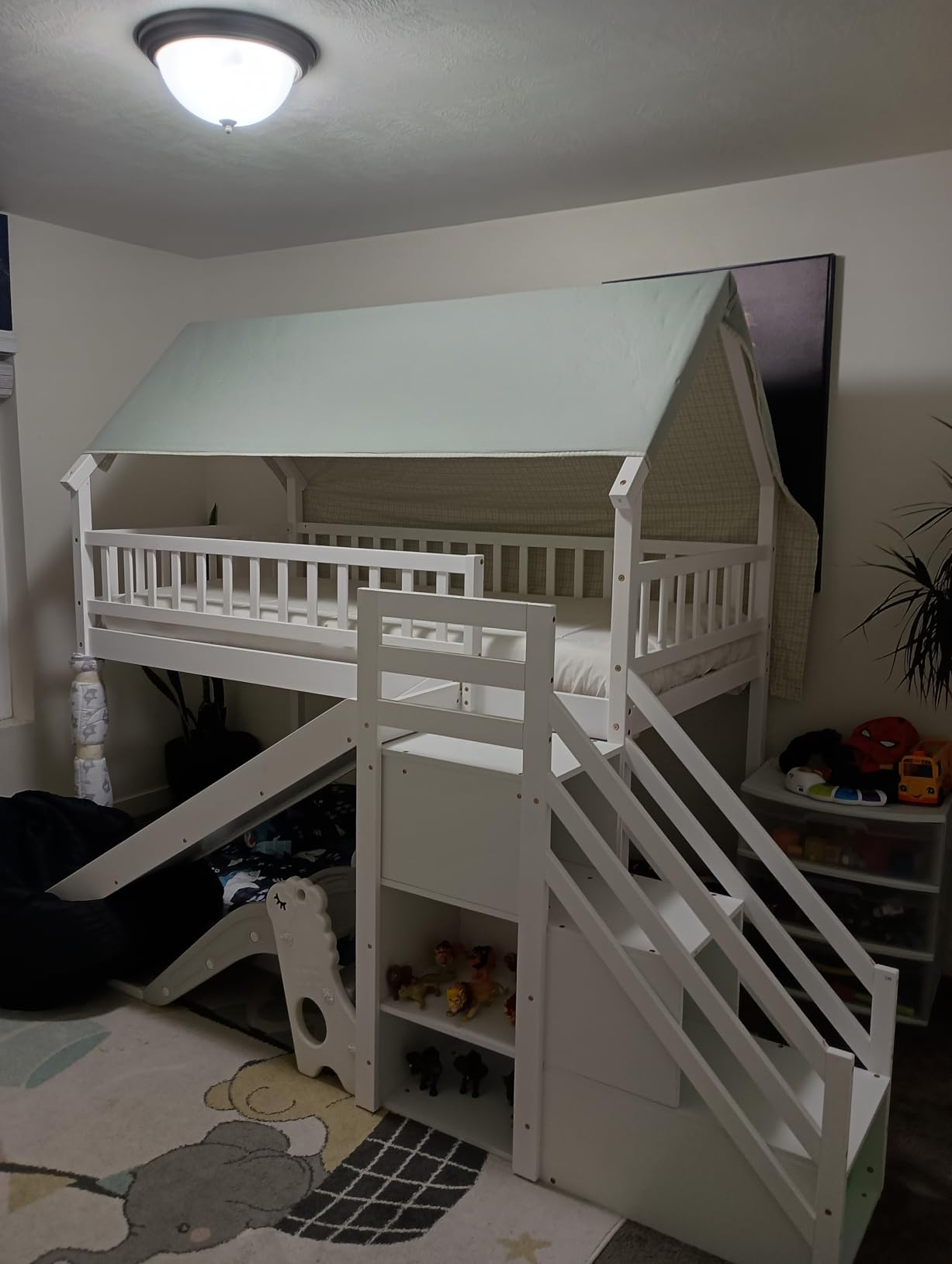 KOMFOTT Wood Twin Over Full House Bunk Bed with Built in Ladder, Solid Pine Wood Bunk Bed Frame with Safety Guardrails, House Bunk Bed Frame for Kids, Teens, Juniors, No Box Spring Needed (Grey) customer photo 2