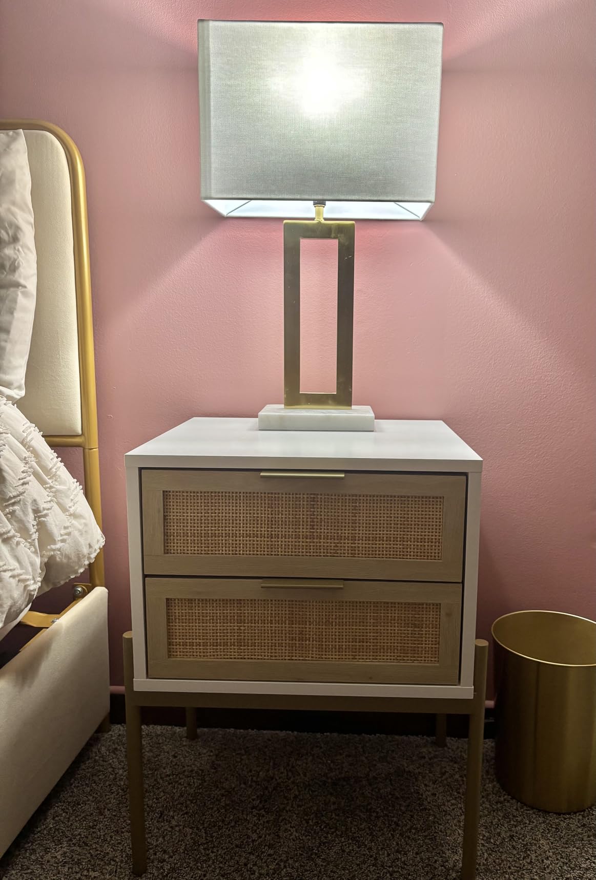 Nathan James Andrew End, Bedside or Side Table in Matte Light Oak Finish with Two Natural Rattan Drawers Doors for Storage and Brass Gold Accents for Living Room or Bedroom, Oak/Cane/Gold, Set of 2 customer photo 1