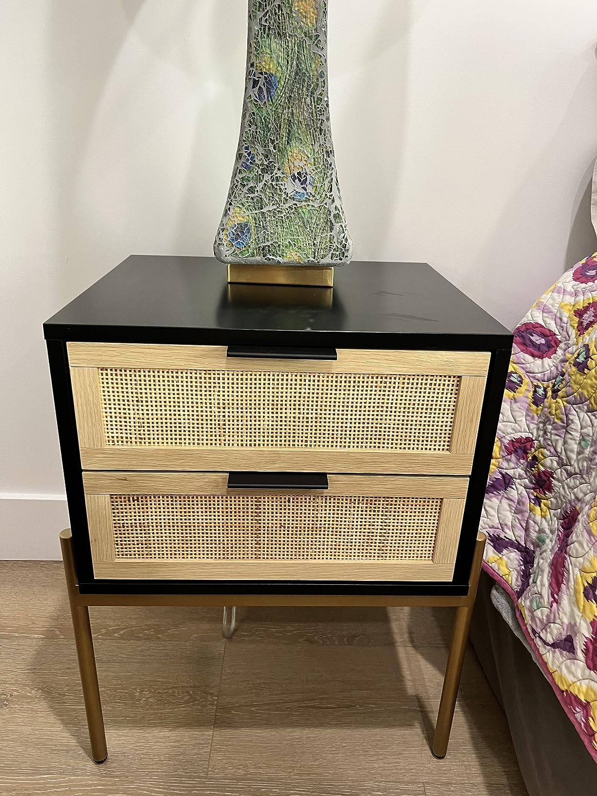 Nathan James Andrew End, Bedside or Side Table in Matte Light Oak Finish with Two Natural Rattan Drawers Doors for Storage and Brass Gold Accents for Living Room or Bedroom, Oak/Cane/Gold, Set of 2 customer photo 2
