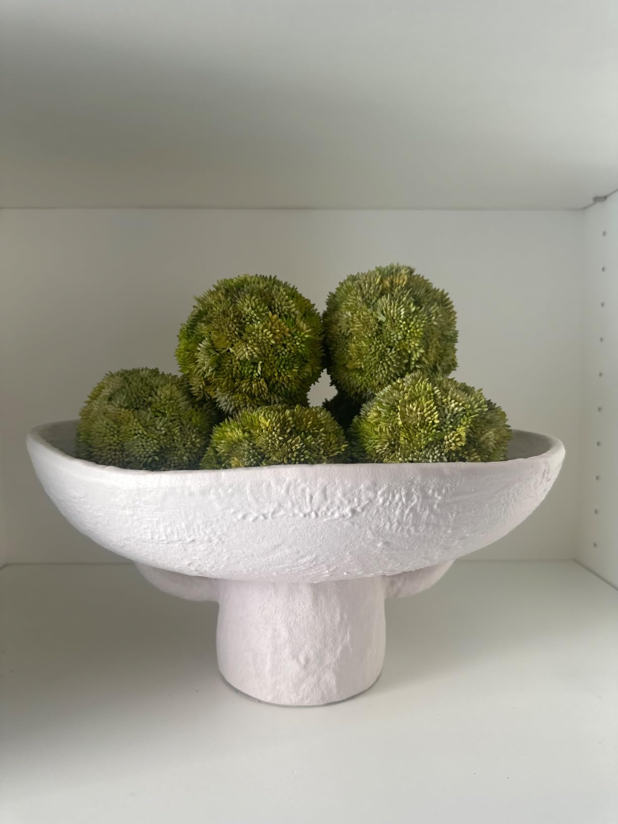 Luxurious White Textured Ceramic Bowl and Greenery Set, 12.5x10.5 Inch Pedestal Decorative Bowl, with 6 Green Succulent Moss Balls, Counter Top, Farmhouse Table Centerpiece, Living Room, Kitchen Decor customer photo 2
