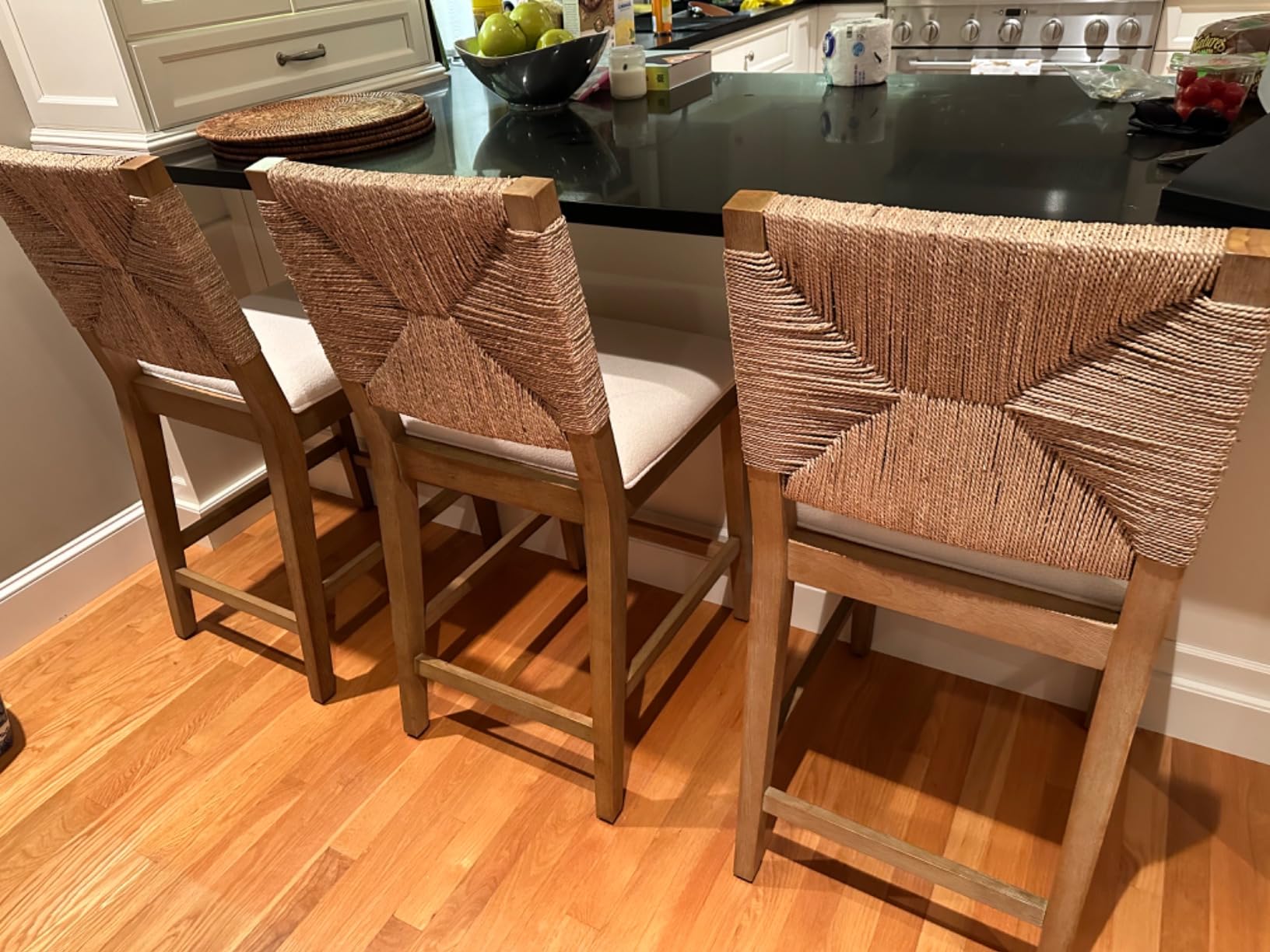Nathan James Beacon Bohemian Boucle Bar Stool, Upholstered Counter Height Chair with Solid Wood Frame and Woven Seagrass Back for Kitchen Island, Light Brown/Seagrass/Cream Boucle customer photo 2