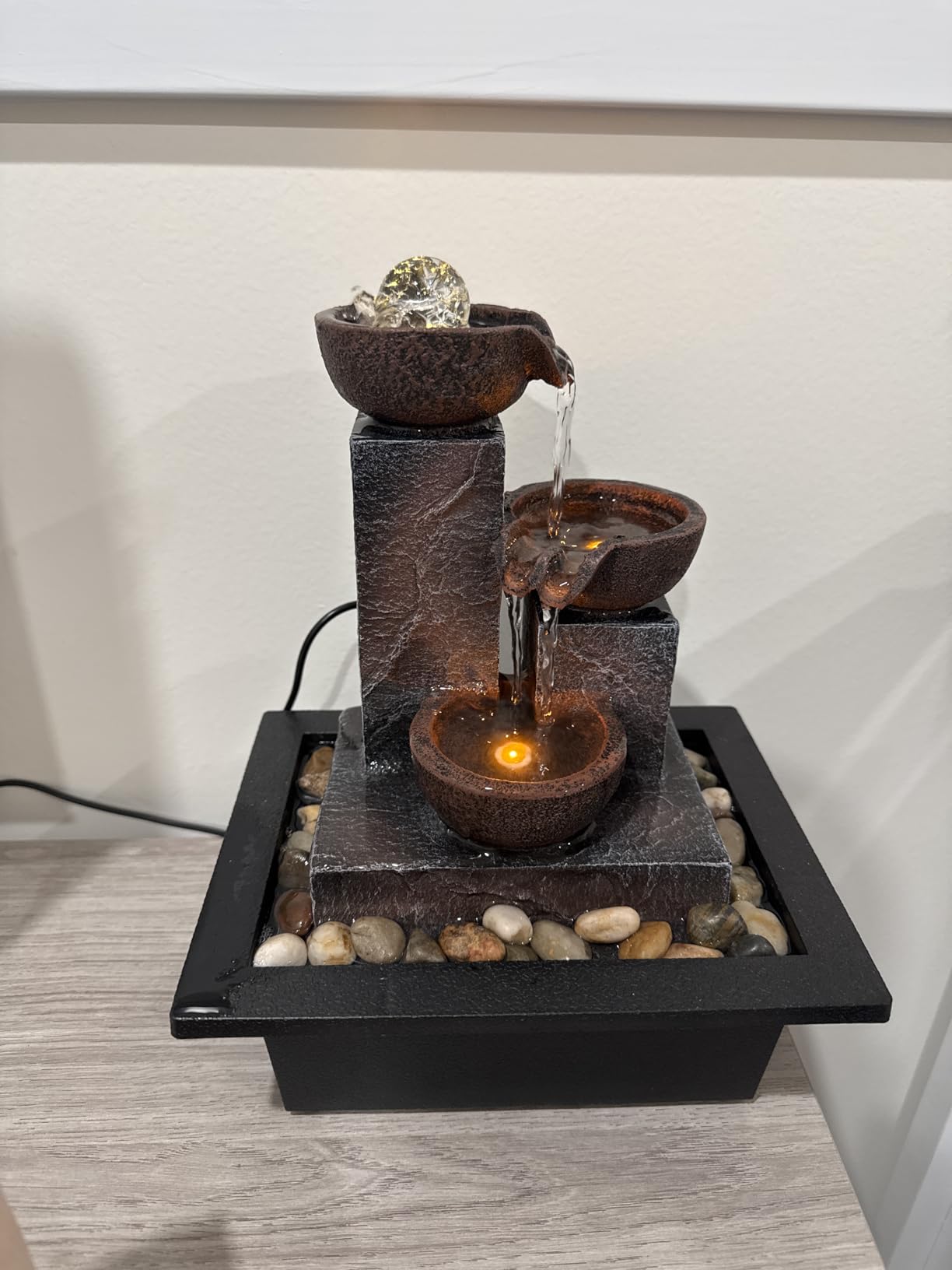 Tolevoit Three Bowls with Rotating Ball Flowing Tabletop Fountain Home Décor Indoor Decor Waterfall Sound Zen Mini Fountain Warm Led Light Pebbles Stone(23114) customer photo 1