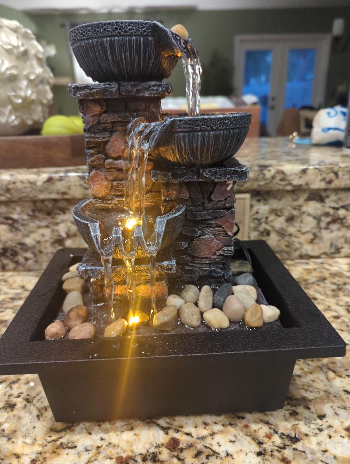 Kalona Tabletop Waterfall Fountain 3 Bowls with LED Light, Soothing Water Flow Sound, Zen Meditation Decor for Home and Office, Relaxation Water Fountains Indoor (23113) customer photo 1