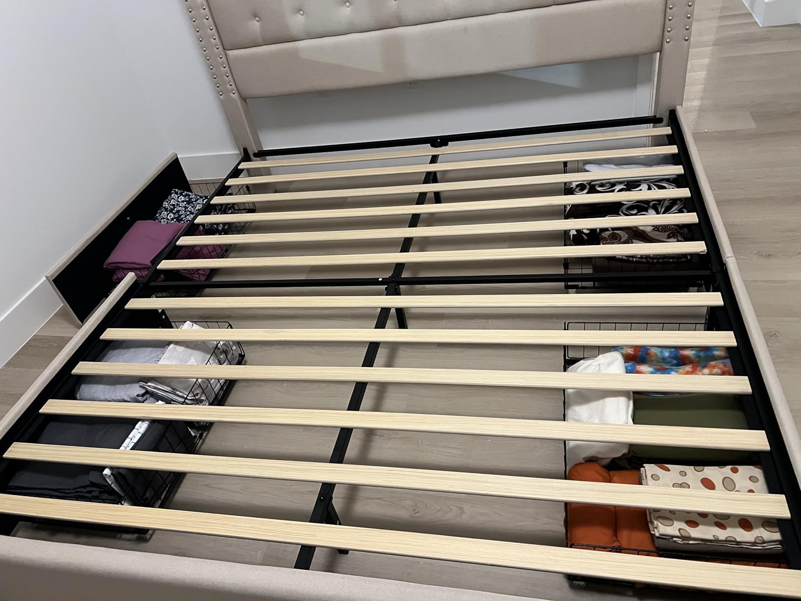 King Size Bed Frame with 4 Storage Drawers and Tufted Headboard Linen Upholstered Platform Bed Frame with Heavy Duty Wood Slats, No Box Spring Needed, Easy Assembly, Beige customer photo 1
