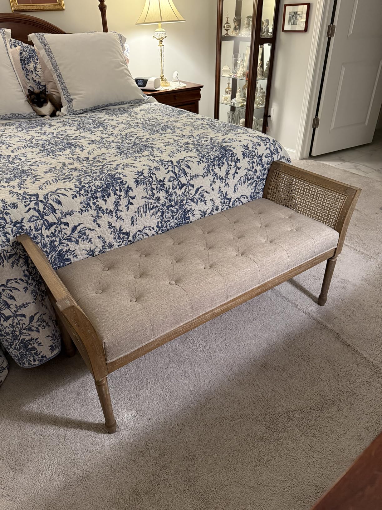 Martha Stewart Isla Entryway Accent Bench for Living Room Bedford Collection, Tufted Seat, Cane Side Frames, Farmhouse Bed End Bench for Bedroom, Indoor Seating, Reclaimed Finish, 48.5