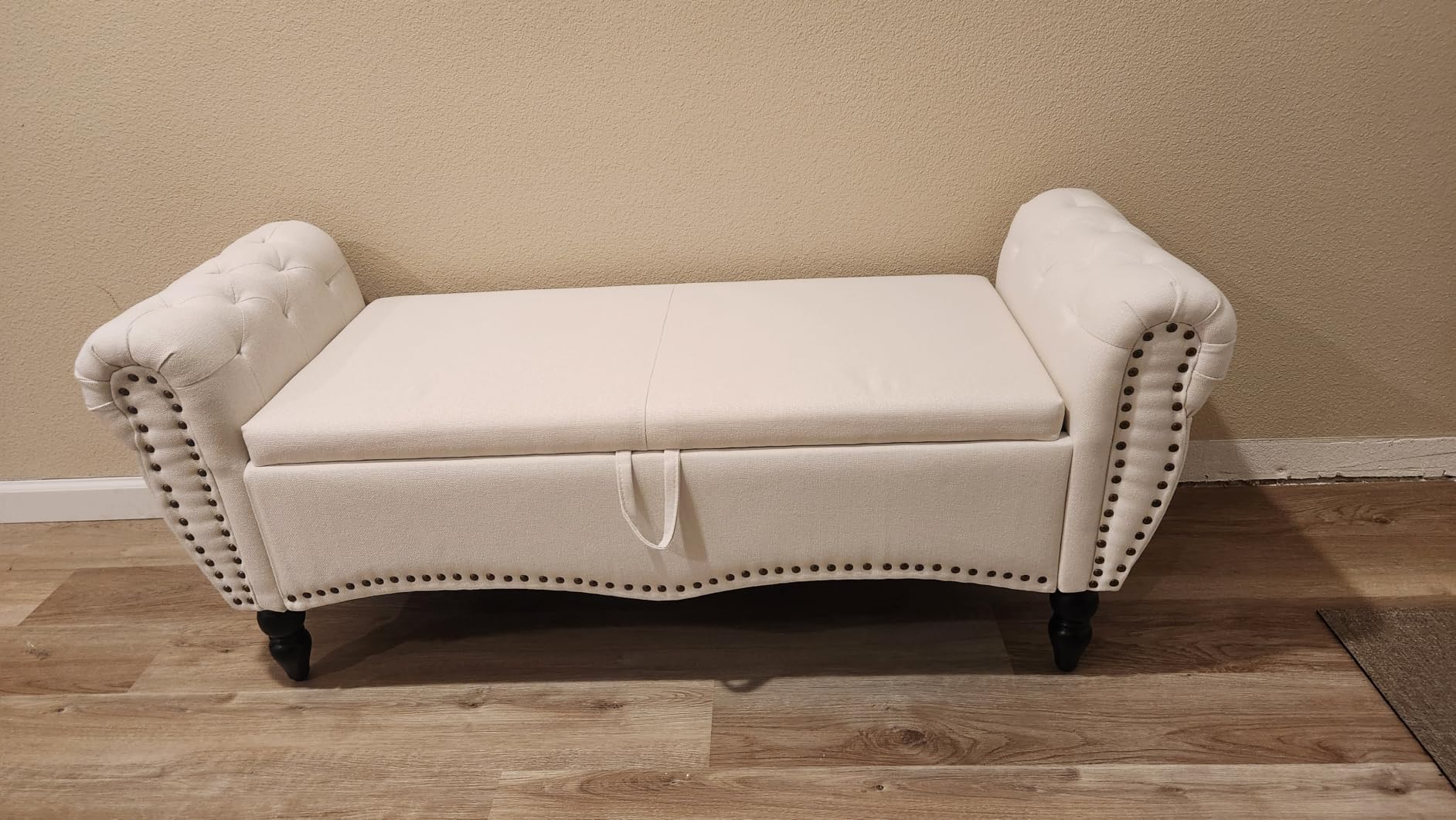 Furniliving Storage Ottoman Bench, Leather Benches End of Bed Bench with Solid Wood Legs Upholstered Ottoman Bench with Storage Indoor Bench for Living Room with Rolled Arm, Entryway, YellowBrown customer photo 2