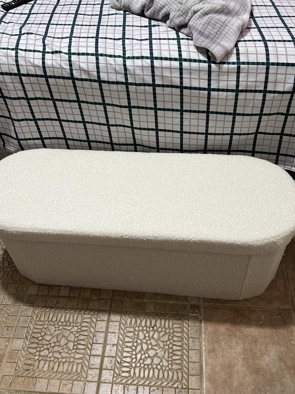 B FSOBEIIALEO Ottoman with Storage for Living Room, Sherpa Folding Storage Ottoman Foot Rest, 43.3 Inches Collapsible Bedroom Bench White Cream customer photo 1