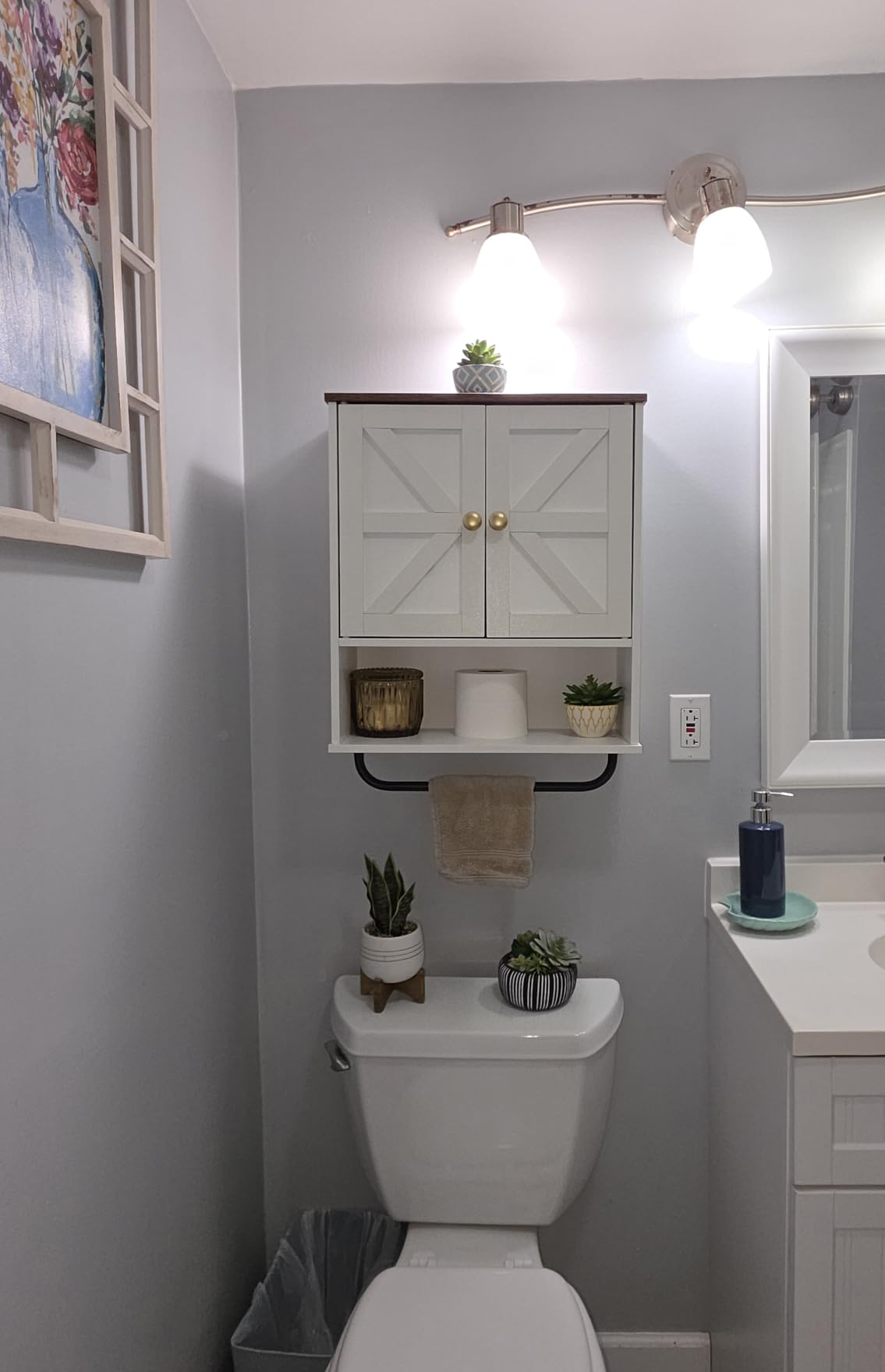 CHOEZON Bathroom Wall Cabinet, Medicine Cabinet with Open Partition and Towel Bar, Rustic Storage Cabinet with Open and Hidden Storage Space, for Bathroom, Living Room, Kitchen, White and Walnut customer photo 1