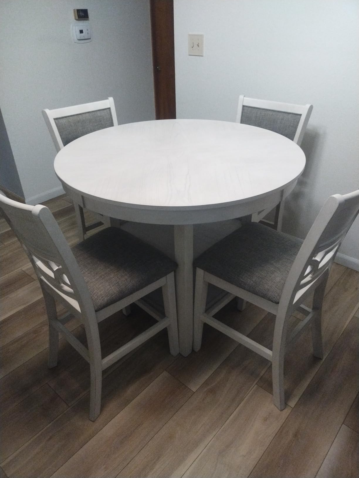 Signature Design by Ashley Round Counter Height Dining Set for 4 | Built-in storage shelves, Beige polyester and foam stools, Solid wood and engineered wood frames, Cherry brown finish customer photo 2