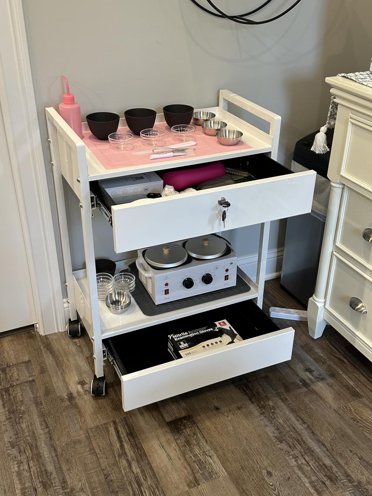 VEVOR Rolling Medical Cart with Lockable Drawer, White Paint Stainless Steel Utility Cart, 2 Tiers Mobile Esthetician Trolley Cart with Swivel Casters for Lab, Hospital, Dental, Salon and Beauty customer photo 1