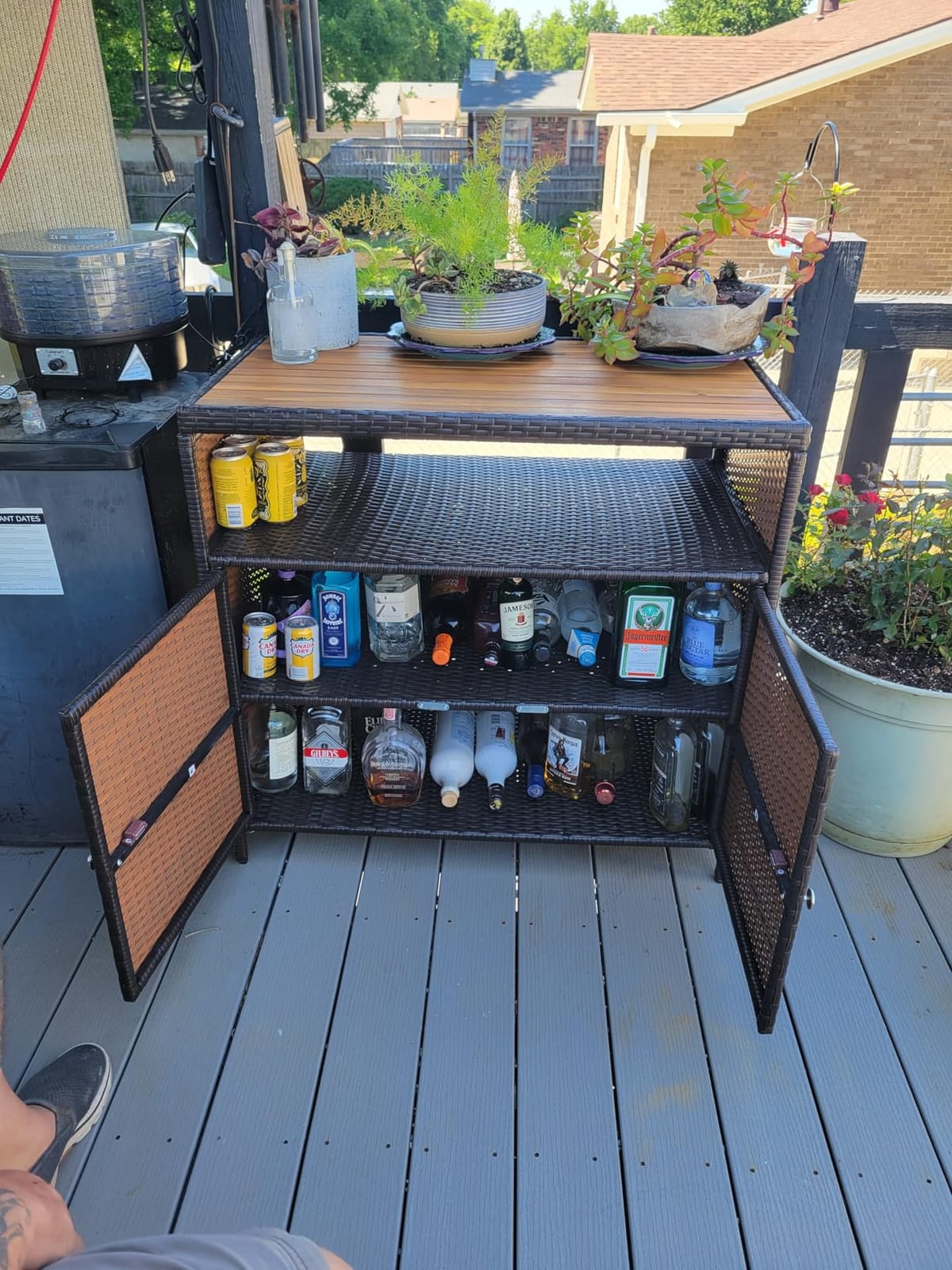 Tangkula Rattan Outdoor Storage Cabinet, Patiojoy Outdoor Cabinet with Acacia Wood Countertop, Open Compartment, 2-Door Wicker Sideboard, Outdoor Bar for Patio Garden Backyard Poolside (Mix Brown) customer photo 1