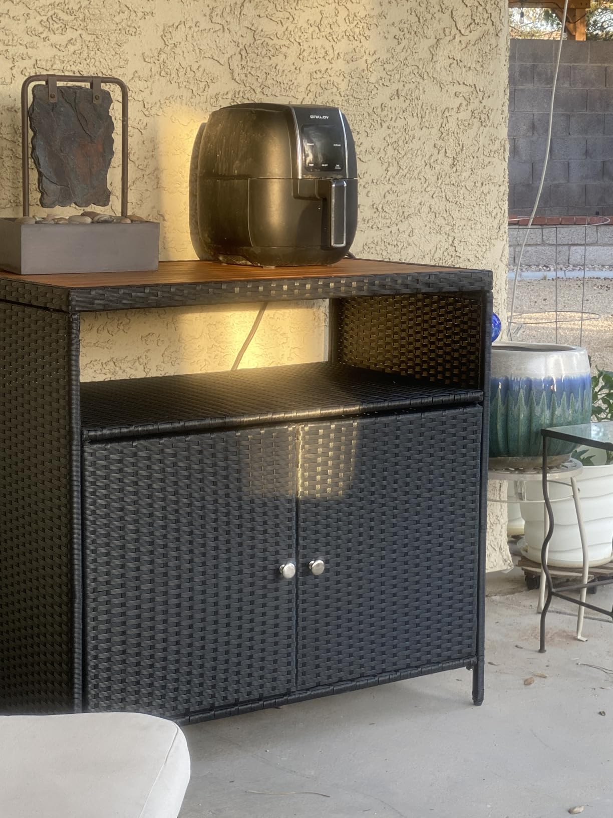 Tangkula Rattan Outdoor Storage Cabinet, Patiojoy Outdoor Cabinet with Acacia Wood Countertop, Open Compartment, 2-Door Wicker Sideboard, Outdoor Bar for Patio Garden Backyard Poolside (Mix Brown) customer photo 2