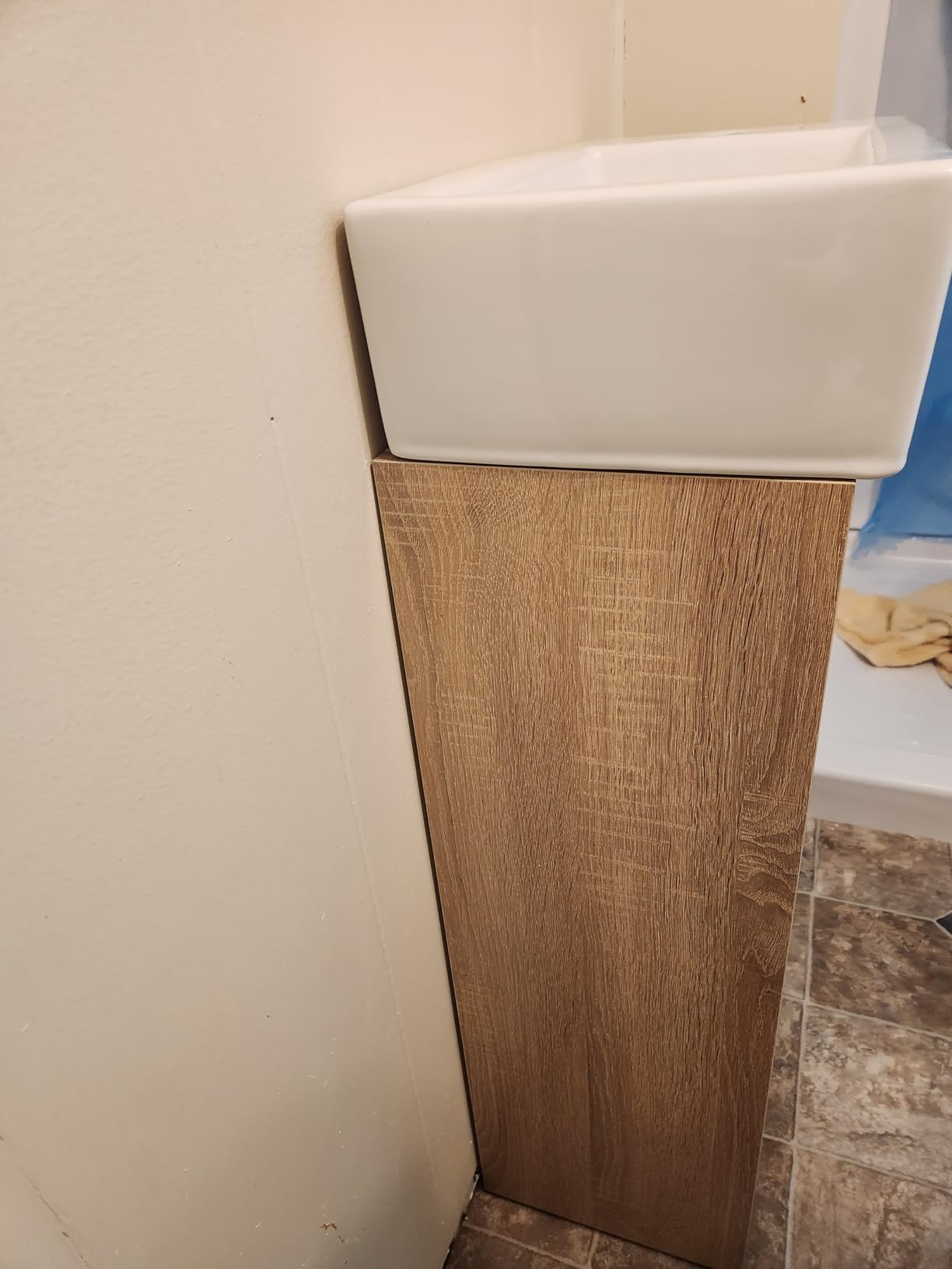 Malwee 16'' Freestanding Bathroom Vanity with Ceramic Sink, 1 Door, Brown | Compact 16-inch design with soft-closing door, single sink storage cabinet, ceramic basin, brown plywood vanity customer photo 2