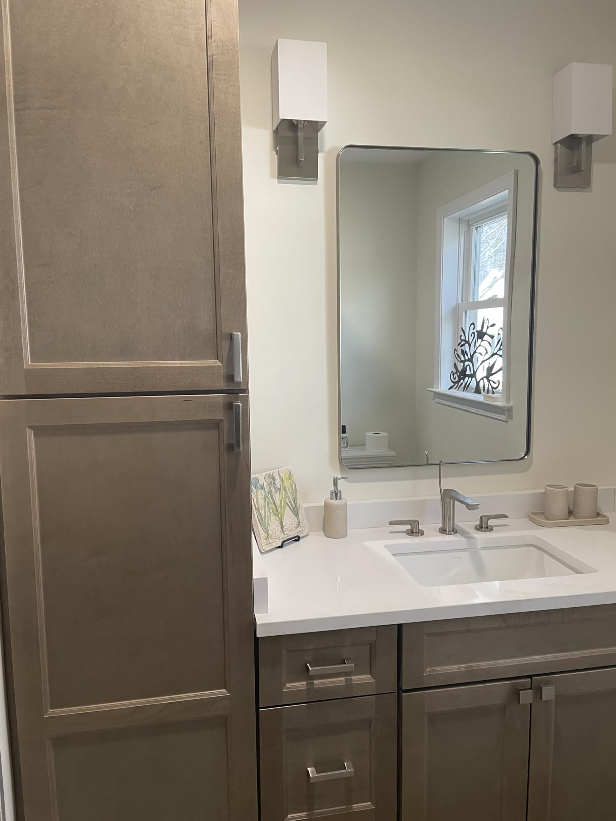 Keonjinn 20 x 30 Inch Brushed Nickel Bathroom Mirrors for Over Sink | HD Tempered Glass, Silver Vanity Mirror, Rust-Resistant Aluminum Frame, Rounded Rectangle, French Cleat Mount, Home Decor customer photo 1