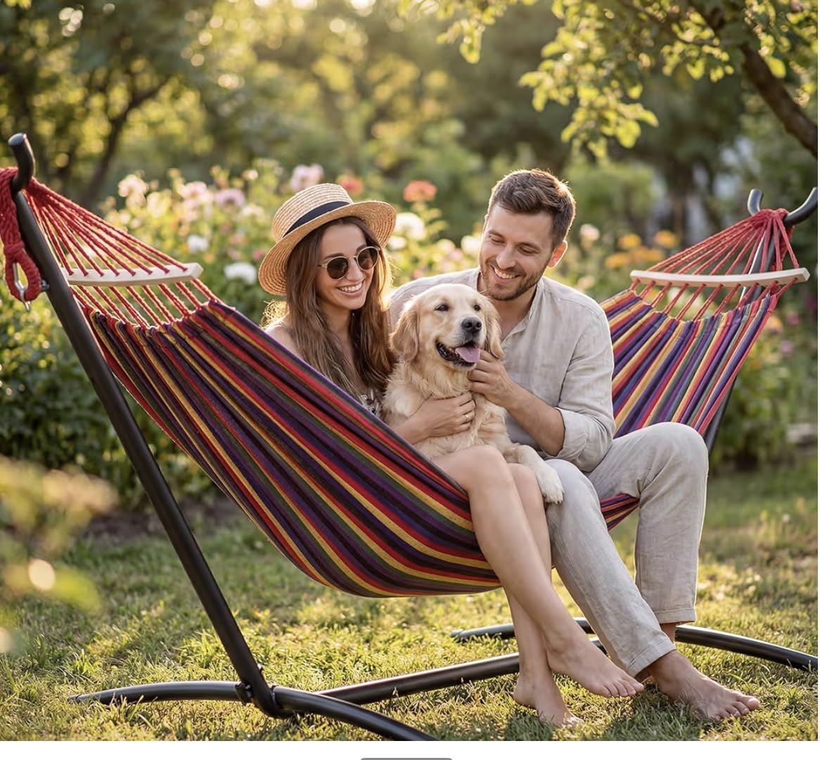 Everyfun Double Hammock with Stand for 2 Person, 600 lbs Heavy Duty Cotton Bed with Steel Stand, Free Standing for Outdoor Indoor Patio, Carrying Bag Included customer photo 1