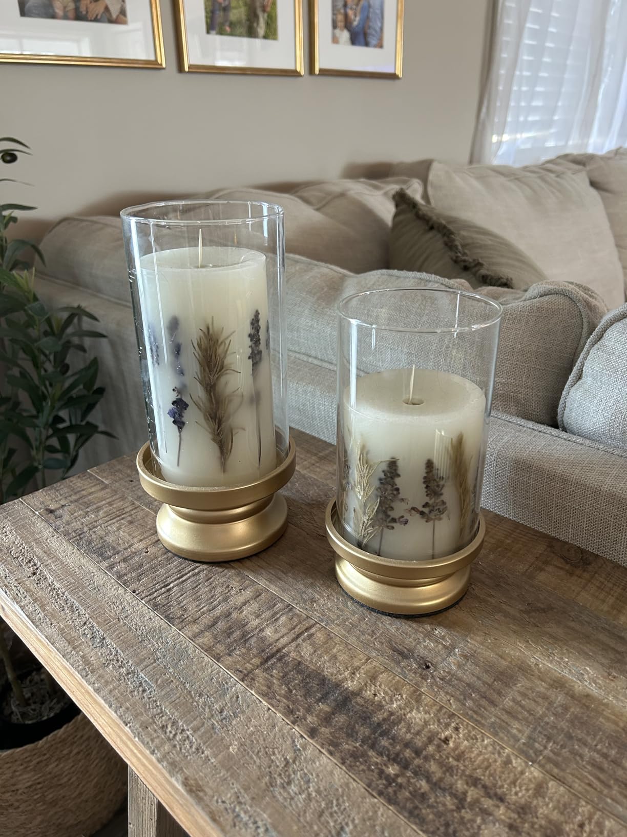 NUPTIO Hurricane Glass Candle Holders for Pillar - Matte Gold - Set of 2 | Iron Pillars Candle Holders with Thick Sleeve for Fall Thanksgiving Christmas Table Centerpiece Fireplace Mantel Decor customer photo 2
