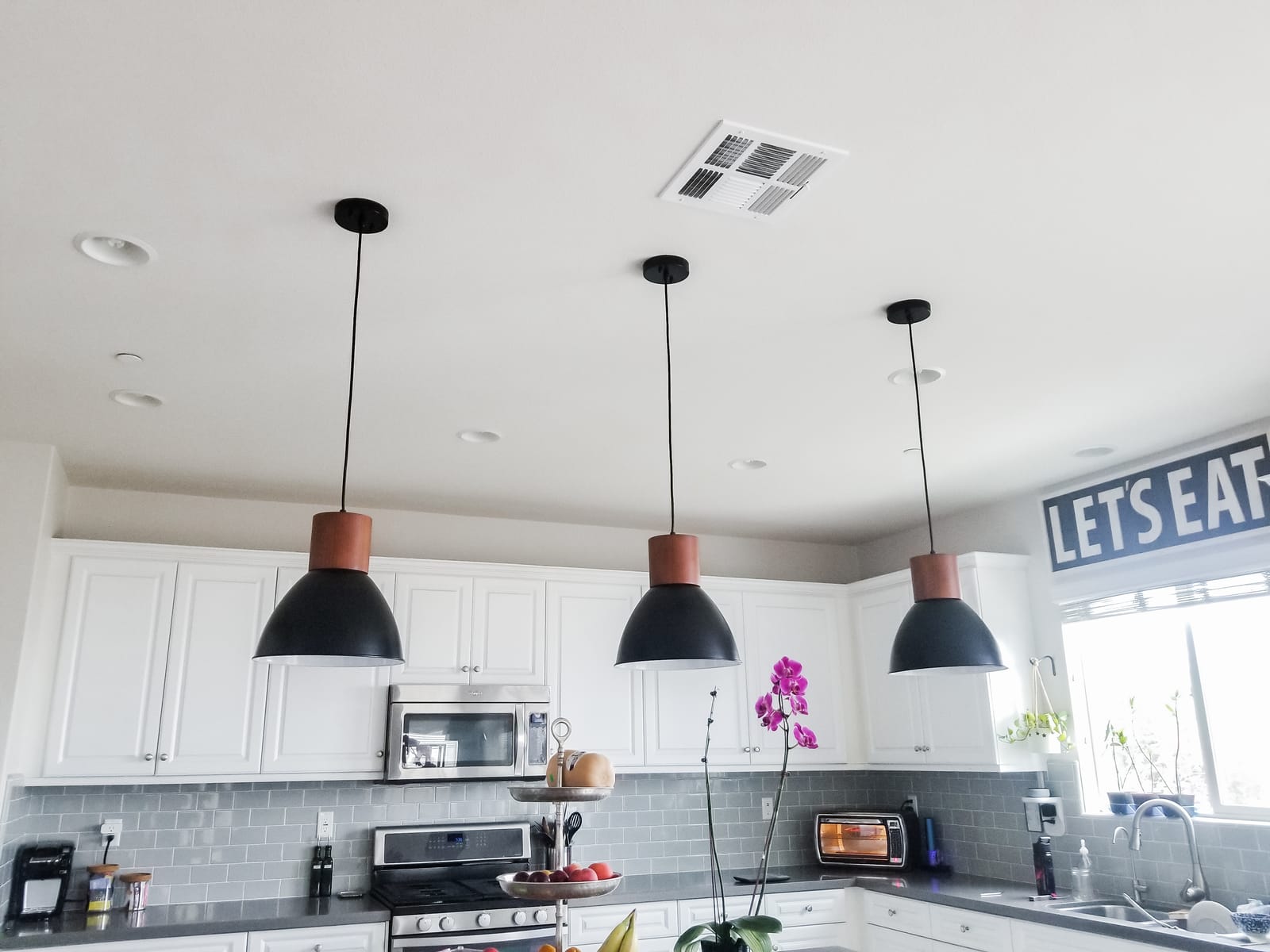 ELYONA 3 Pack Modern Pendant Lights Kitchen Island, Solid Wood Hanging Lamp with Matte Black Metal Shade & Gold Inner Finish, Farmhouse Pendant Light Fixtures for Dining Room, Bedroom, Living Room customer photo 1