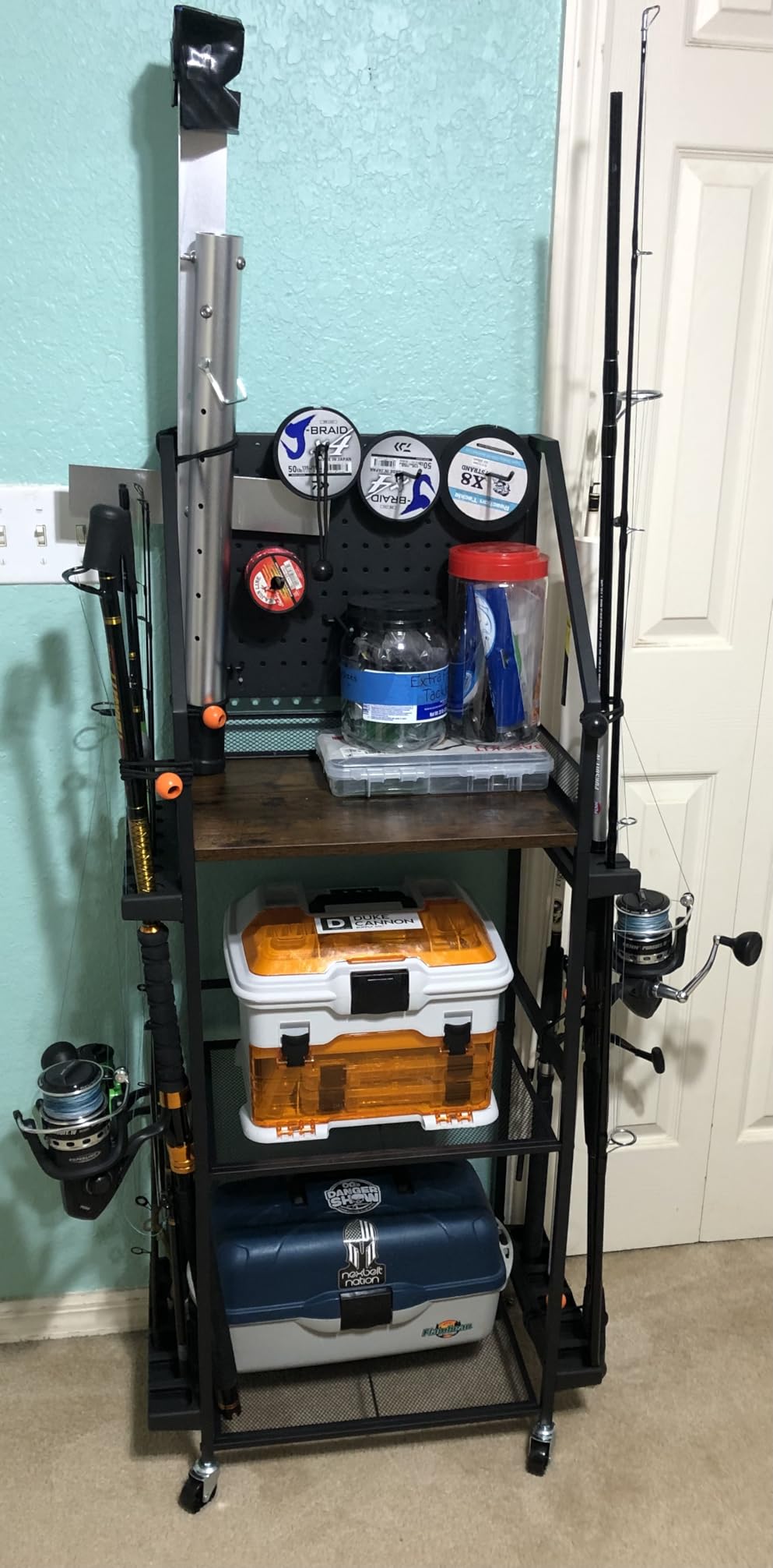 SOYEEZE Fishing Rod Holders for Garage, Fishing Pole Holders Up to 12 Rods with Pegboard and Hooks, Rolling Fishing Cart with Wheels, Fishing Gear Storage For Tackle Box & Reel Organization-6 Hooks customer photo 1
