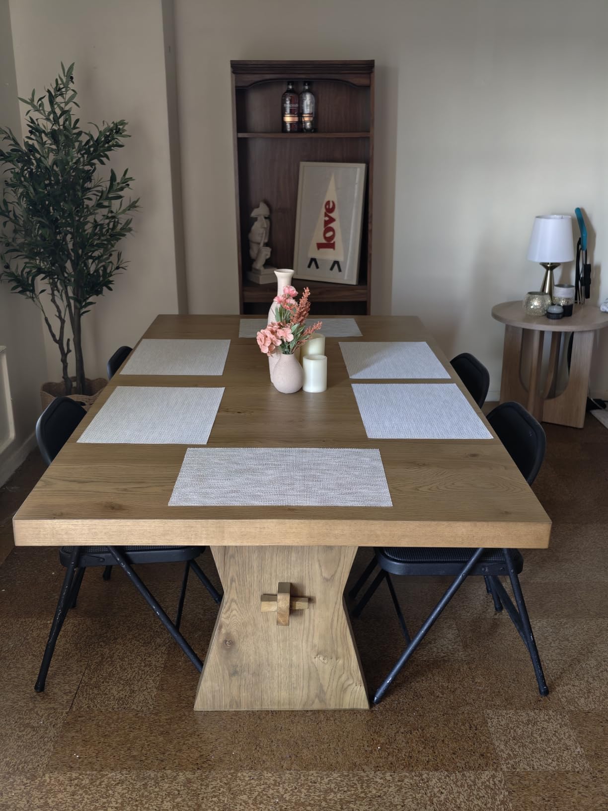 Signature Design by Ashley Galliden Farmhouse Dining Table with Extra-Thick Tabletop and Trestle Base, Light Brown customer photo 2