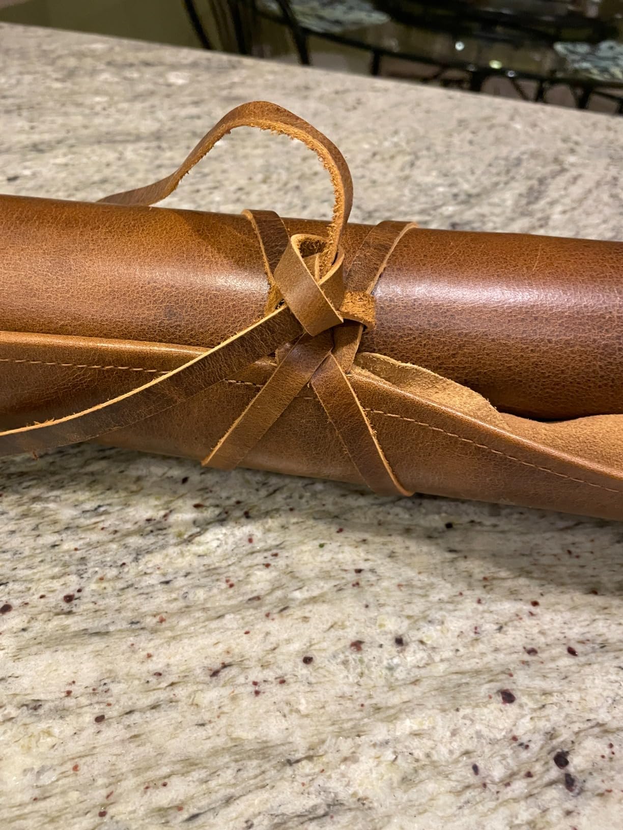 Leather Knife Roll Bag - 4 Slots Chef Carrying Case, Culinary Organizer | 18 x 14 Inches, Full Grain Knife Wrap, Fits 8-Inch Chef & Paring Knives, Suede Flap, 7 Tool Loops, Drawstring Closure, Brown customer photo 2