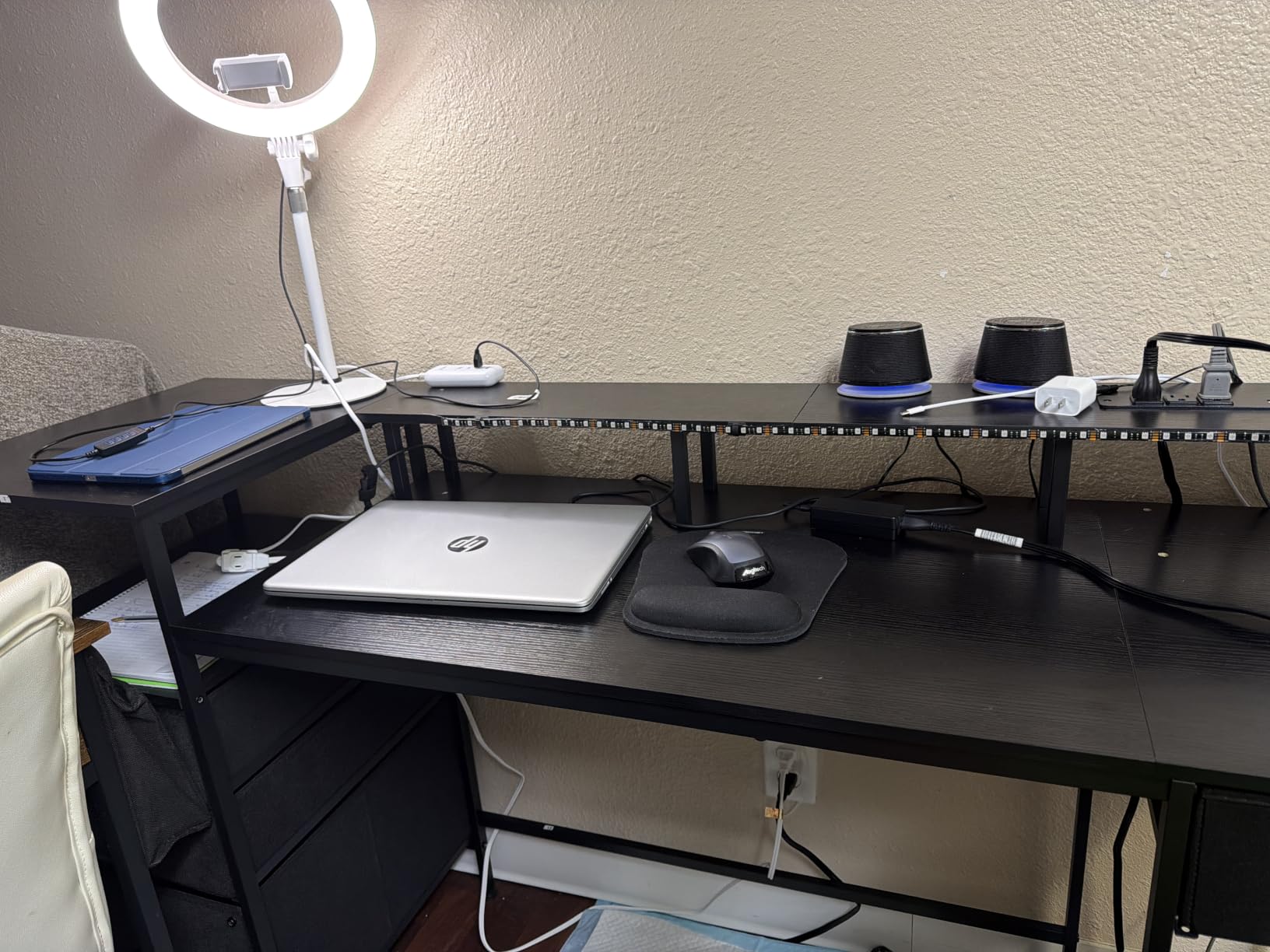Furologee 60 Inch Black Computer Desk with 4 Drawers and Printer Space, Gaming Desk with LED Lights and USB Power Outlets, Home Office Desk with Fabric File Cabinet customer photo 2