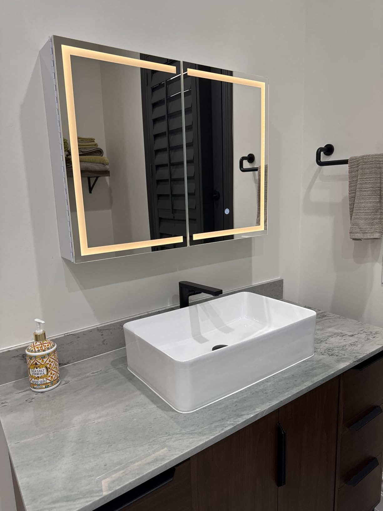 LED Lighted Medicine Cabinet with Lights 30 x 26 Recessed or Surface Mount Cabinet Mirror for Bathroom Wall, 2 Door Tempered Glass Led Vanity Cabinet, Outlets & USB, 3-Color Dimming, Anti-Fog customer photo 2