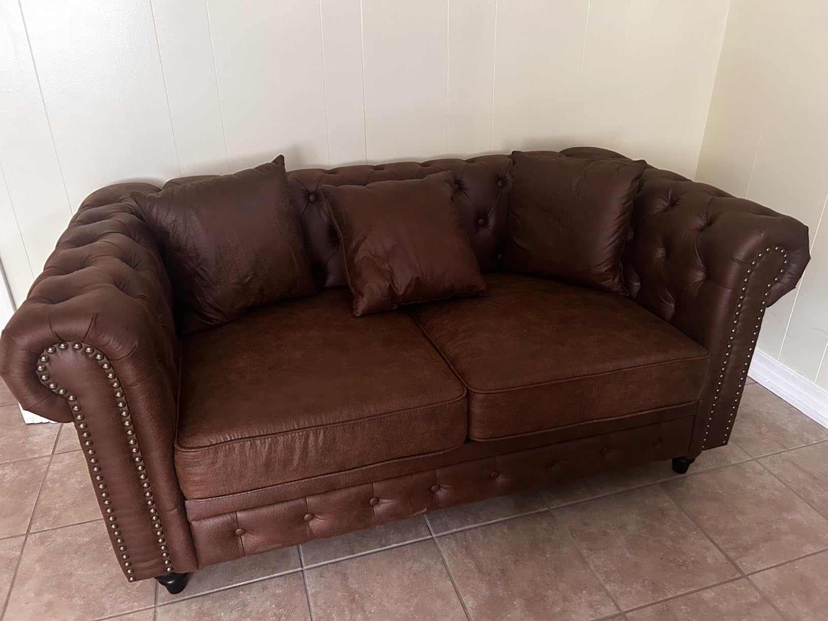 Modern Chesterfield Sofa Couch, 85.5-inch Faux Leather 3-Seater Sofa with Rolled Arms and Tufted Button for Living Room, Office, Brown customer photo 2