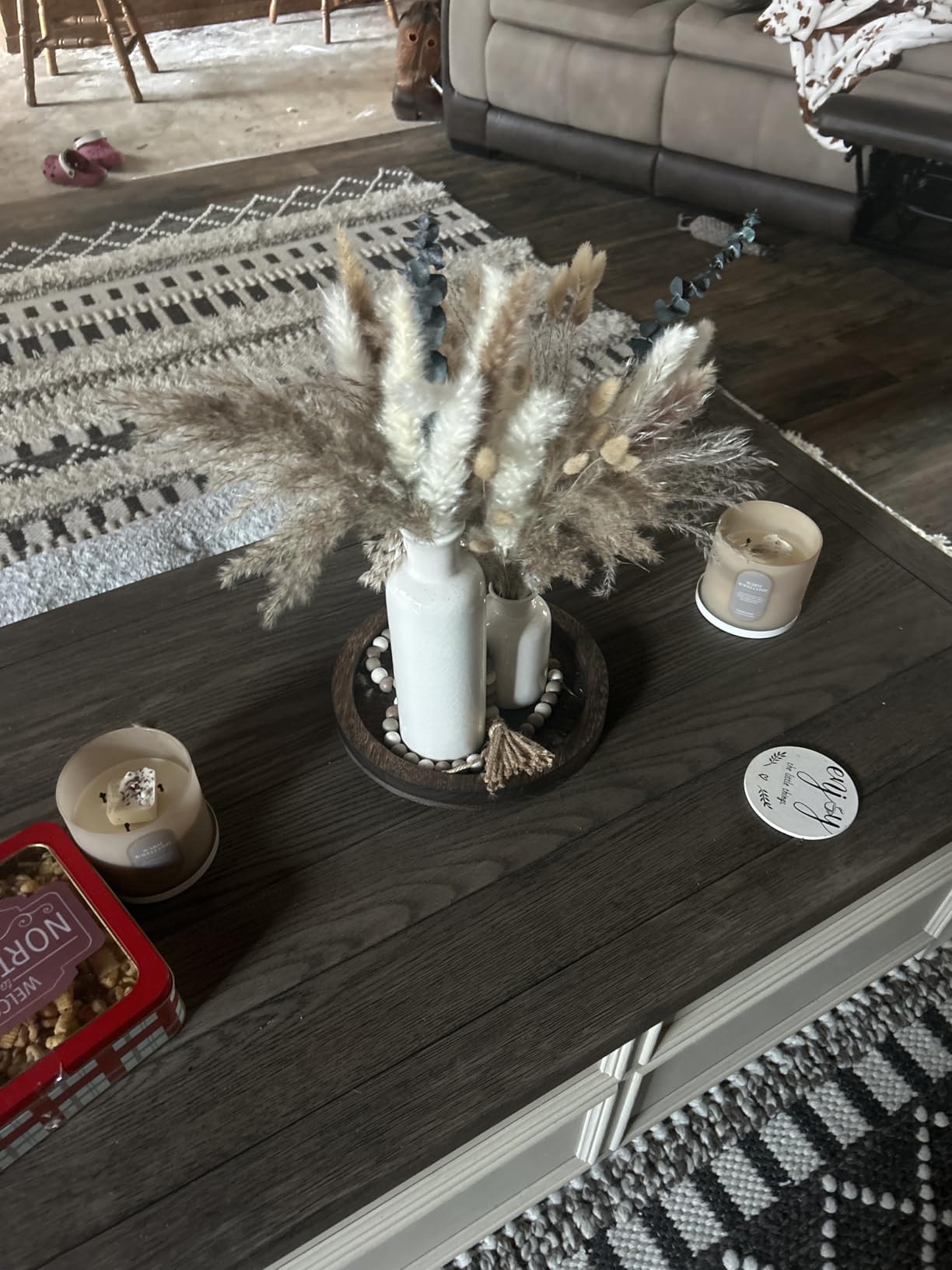5 Pcs Coffee Table Decor Set,Ivory White,Walnut Brown Tray | Farmhouse Table Centerpieces, Ceramic Vases with Wooden Tray Bead Garland, For Living Room Tabletop Decoration, Rustic Decor customer photo 1