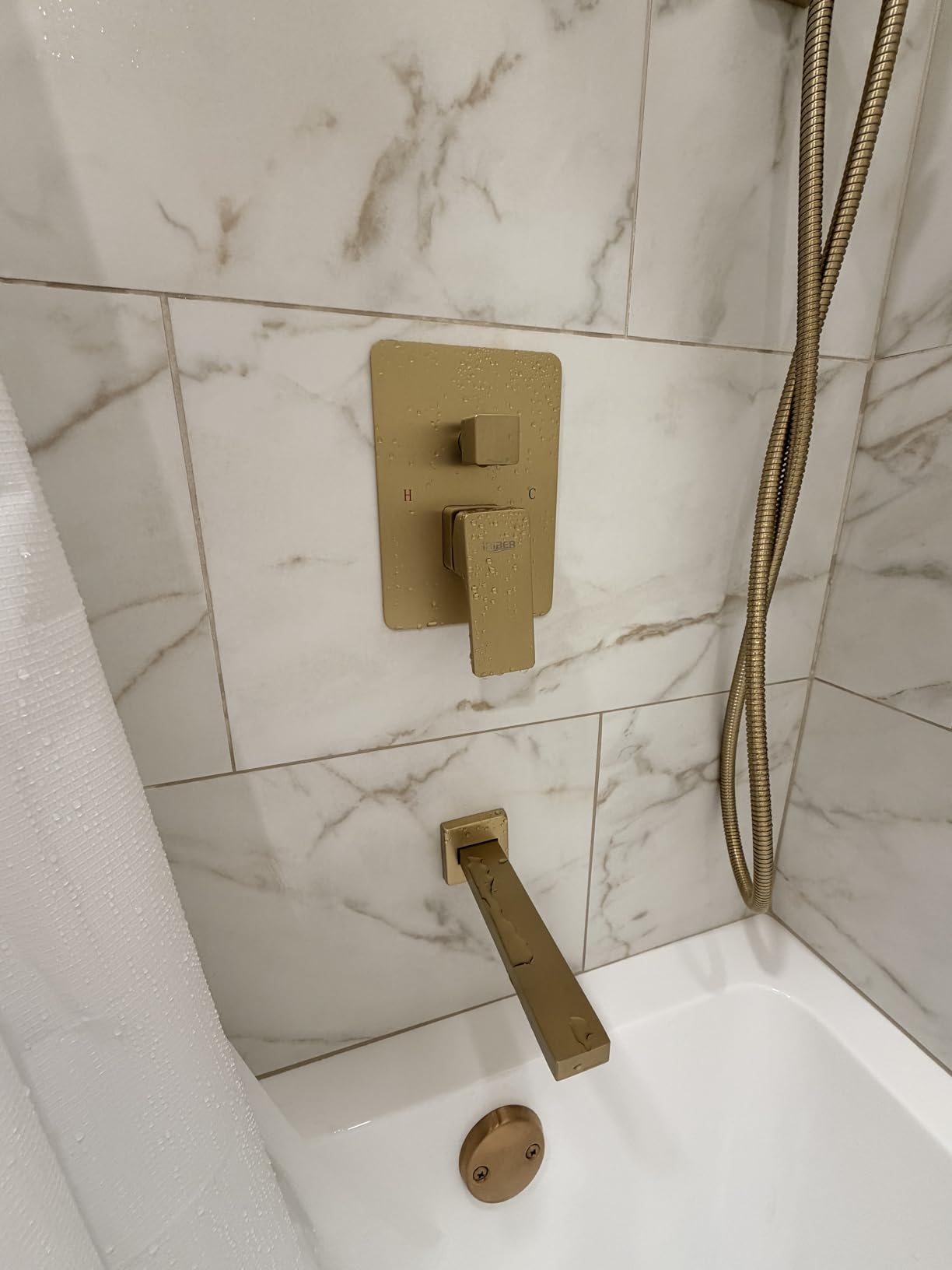 Iriber Thermostatic Shower System with Adjustable Water Flow Push Button Diverter, Square Dual Shower Heads Faucet Set with Handheld Spray, Brushed Nickel Shower Mixer Valve Trim Kit (Valve Included) customer photo 1