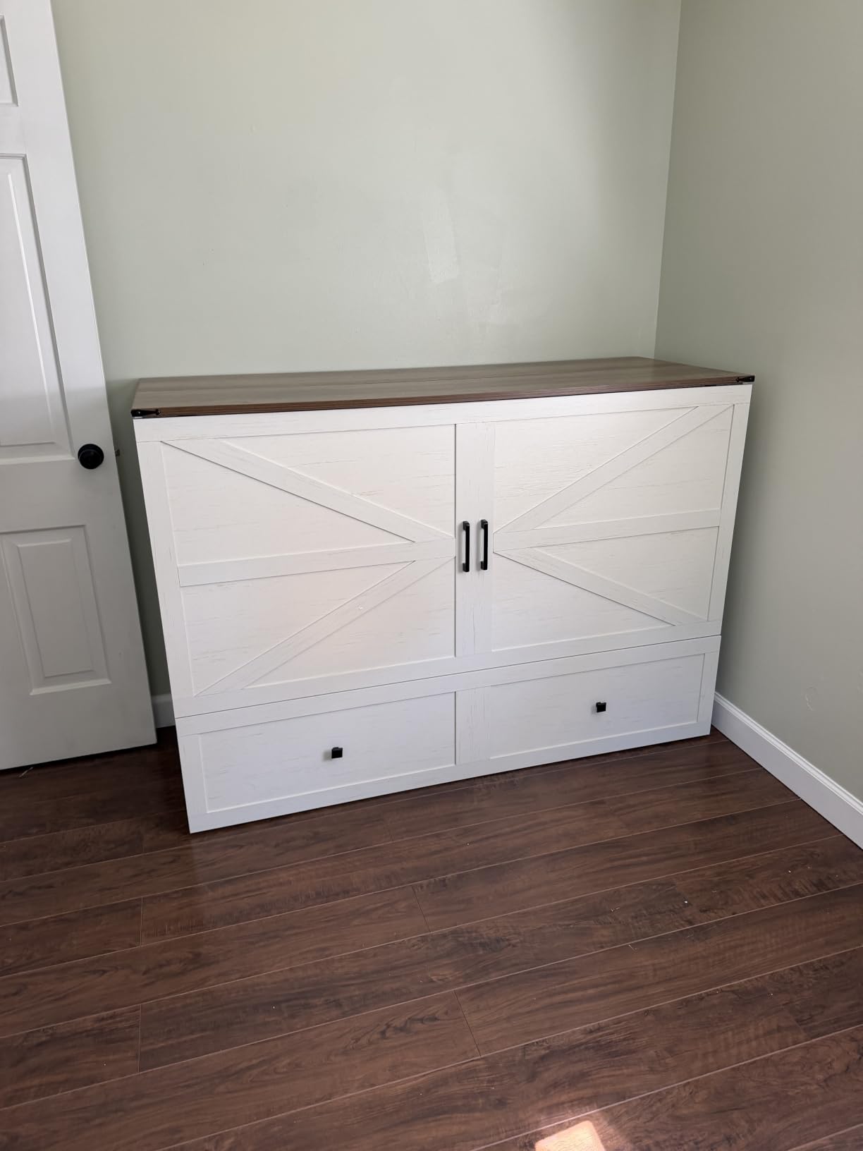AMERLIFE Queen Murphy Bed with Storage & Charging Station | Rustic Grey Wood Murphy Cabinet, Farmhouse Foldable Platform Bed, Large Drawer, Noisy Free, Guest Bedroom & Living Room customer photo 2