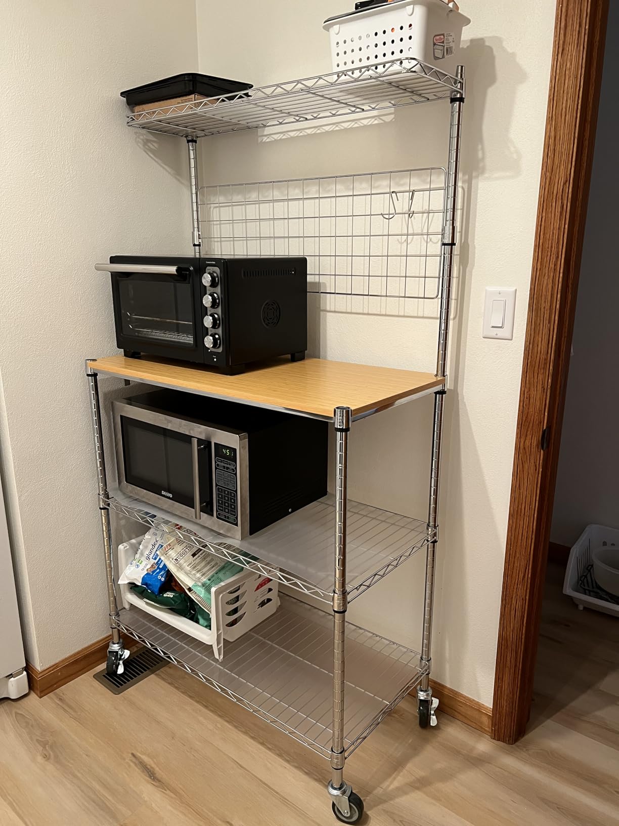 Bakers Rack with Power Outlet & Storage, 36In Microwave Stand Kitchen Cart, 4-Tier Metal Kitchen Shelves Cart with Wheels & 20 S-Hooks, NSF Certified, Chrome customer photo 2