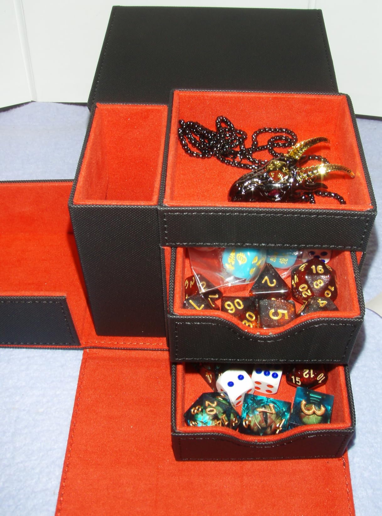 Dice Tray & Dice Tower Storage Box, 3 in 1 Dice Holder Case (Dice Rolling Tray, Dice Rolling Tower, Dice Storage Drawers), Leather Magnetic Closure DND Accessories Gifts for RPG MTG, Black/Red customer photo 2