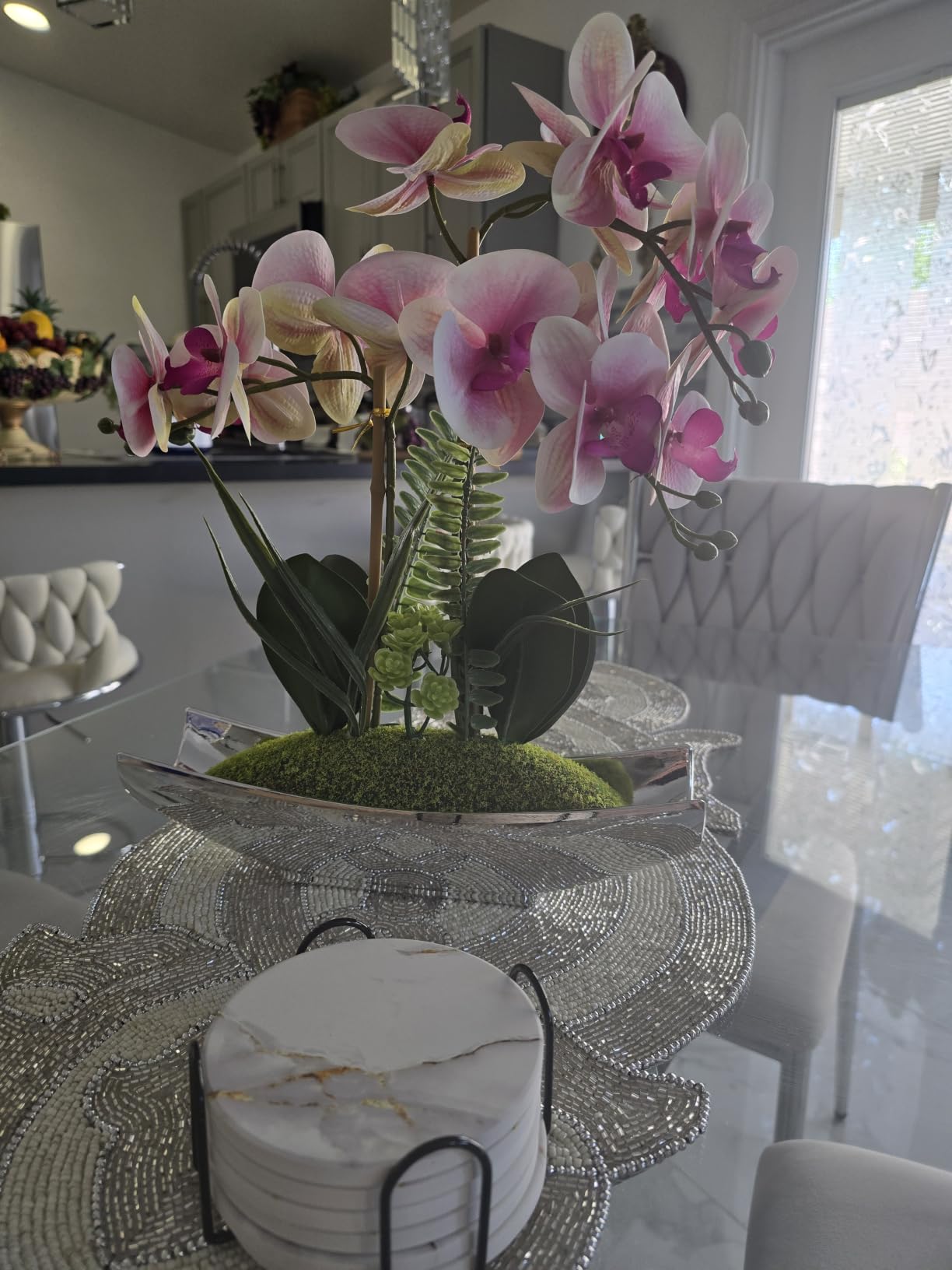 Briful Orchid Artificial Flowers 15in White Fake Orchid Silk Flowers with Black Pot Faux Phalaenopsis Arrangement for Home Office Room Table Centerpiece Modern Decor customer photo 1