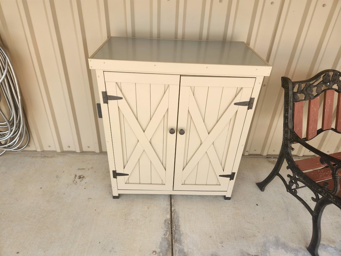 HABAU Outdoor Storage Cabinets Weatherproof for Patio, Garden Work Bench with Shelves & Metal Tabletop, Wooden Potting Table Workstation customer photo 1