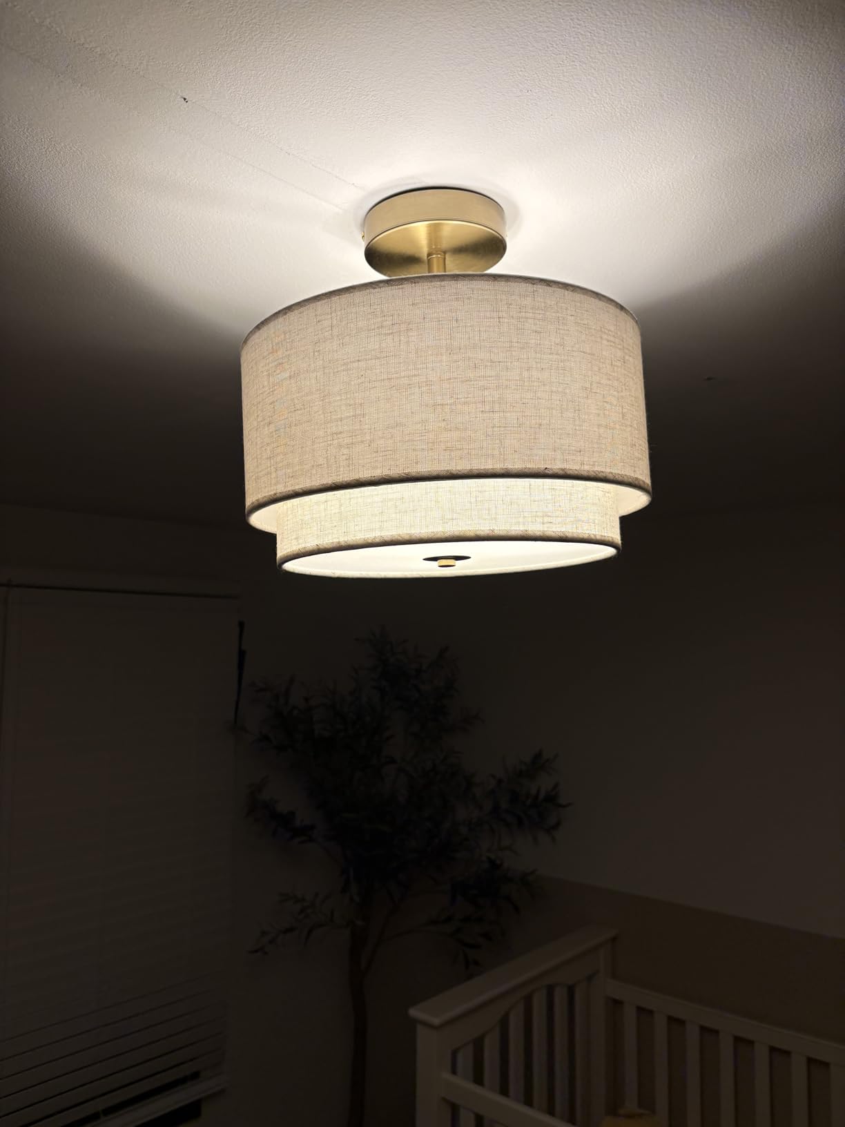 Semi Flush Mount Ceiling Light Fixture,12.6'' Gold Light Fixtures Ceiling Mount, Modern Close to Ceiling Light with 2-Layer Linen Shade,Farmhouse Drum Ceiling Light for Bedroom Hallway Living Room customer photo 2