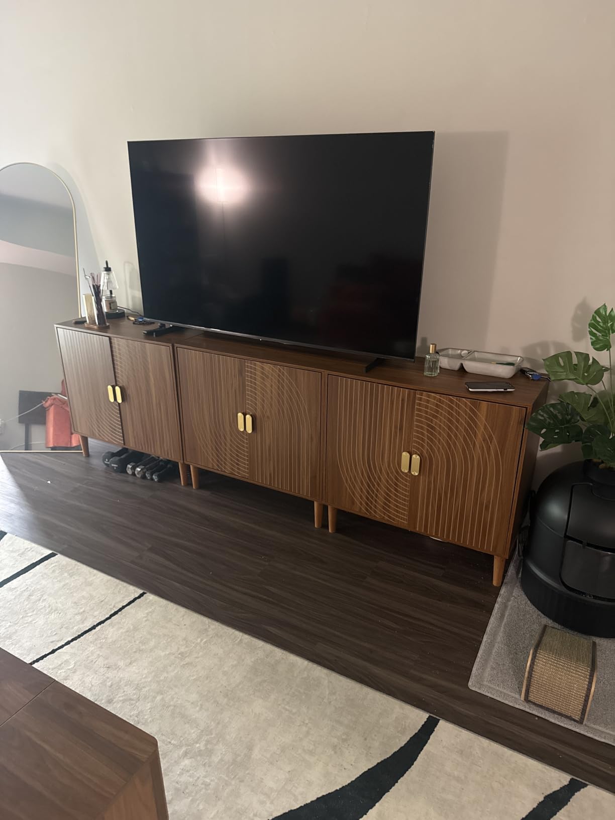 Smuxee Walnut Sideboard Cabinet, Freestanding Buffet Cabinet with Line Groove Design, Wood Storage Cabinet with Adjustable Shelf for Living Room, Entryway, Hallway customer photo 1