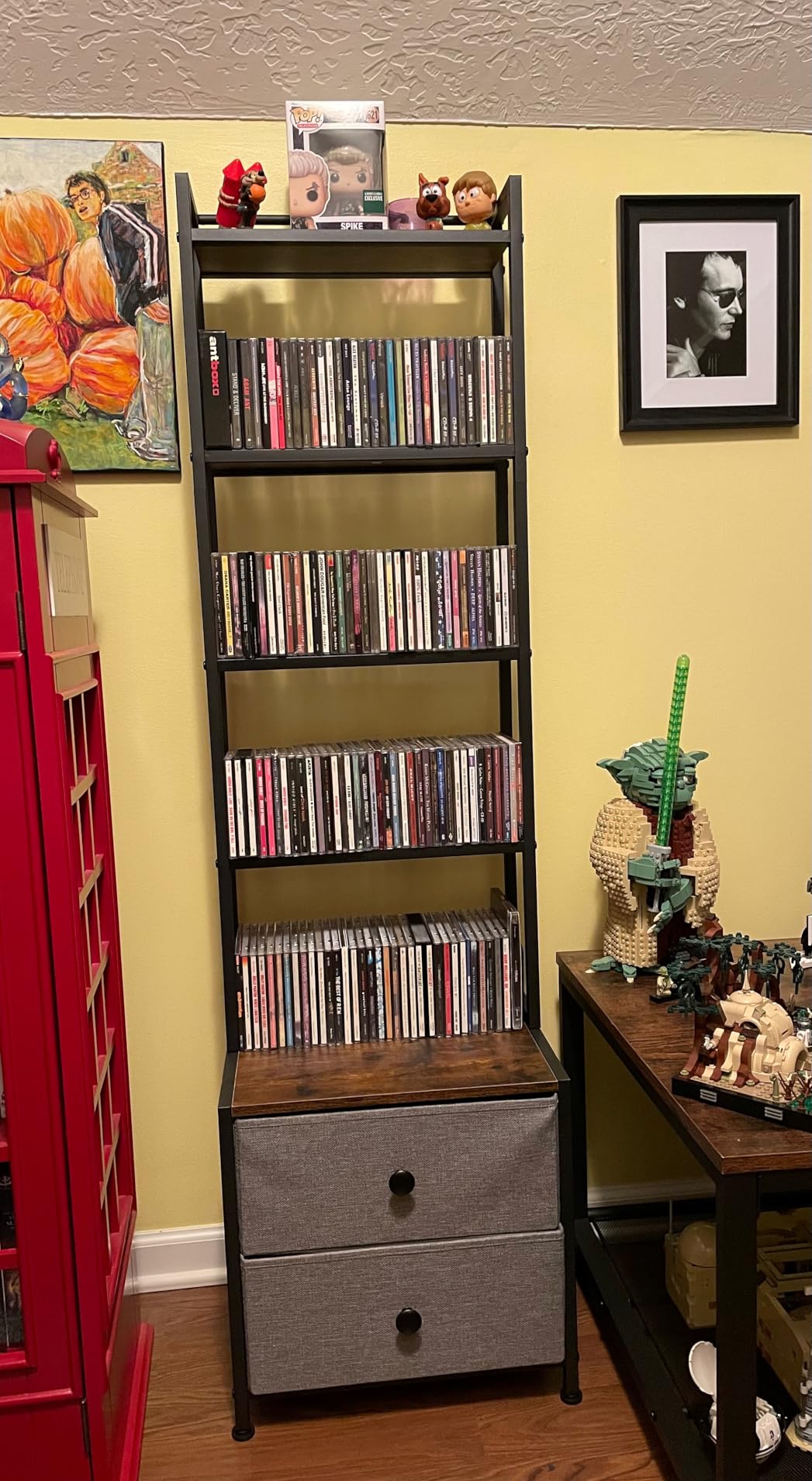 CD Storage Rack with Drawer, 5-Tier DVD Organizer Shelf w/Adjustable Book Stoppers, Media Storage Rack for CD/DVD, Books & Games, Ideal for Living Room & Home Office - 15.7x11.8x56.5Inches customer photo 1