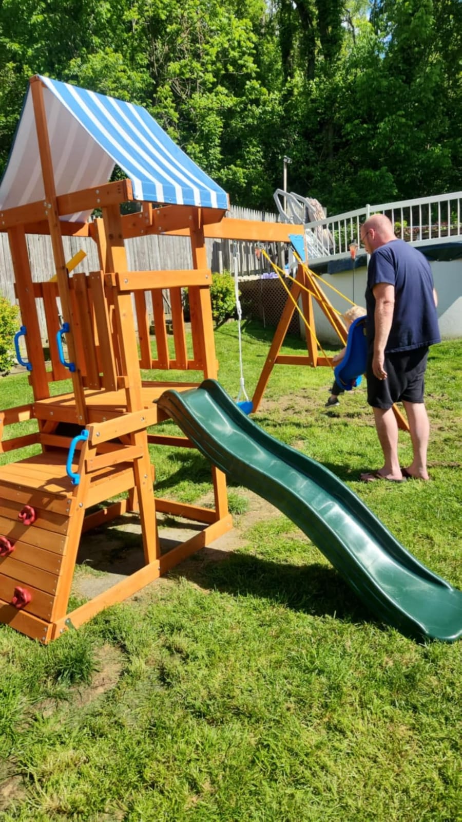 ROBUD Swing Sets for Backyard, Wooden Swing Set, All-in-One Kids Outdoor Play Equipment with Two Swings, Slide, Rock Climbing Wall, Blackboard, Telescope, Fort, Outdoor Playset for Kids & Toddlers customer photo 1