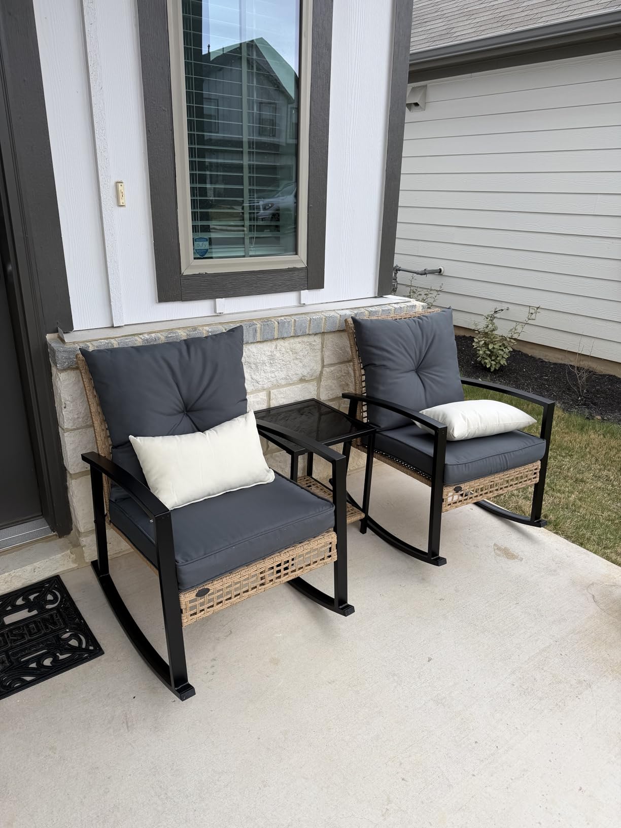 3 Piece Patio Rocking Chairs Set of 2, Outdoor Rocking Chair Bistro Set with Tempered Glass Coffee Table and Thick Lumbar Pillow Set, Front Porch Chairs for Garden, Backyard, Poolside (Beige) customer photo 1