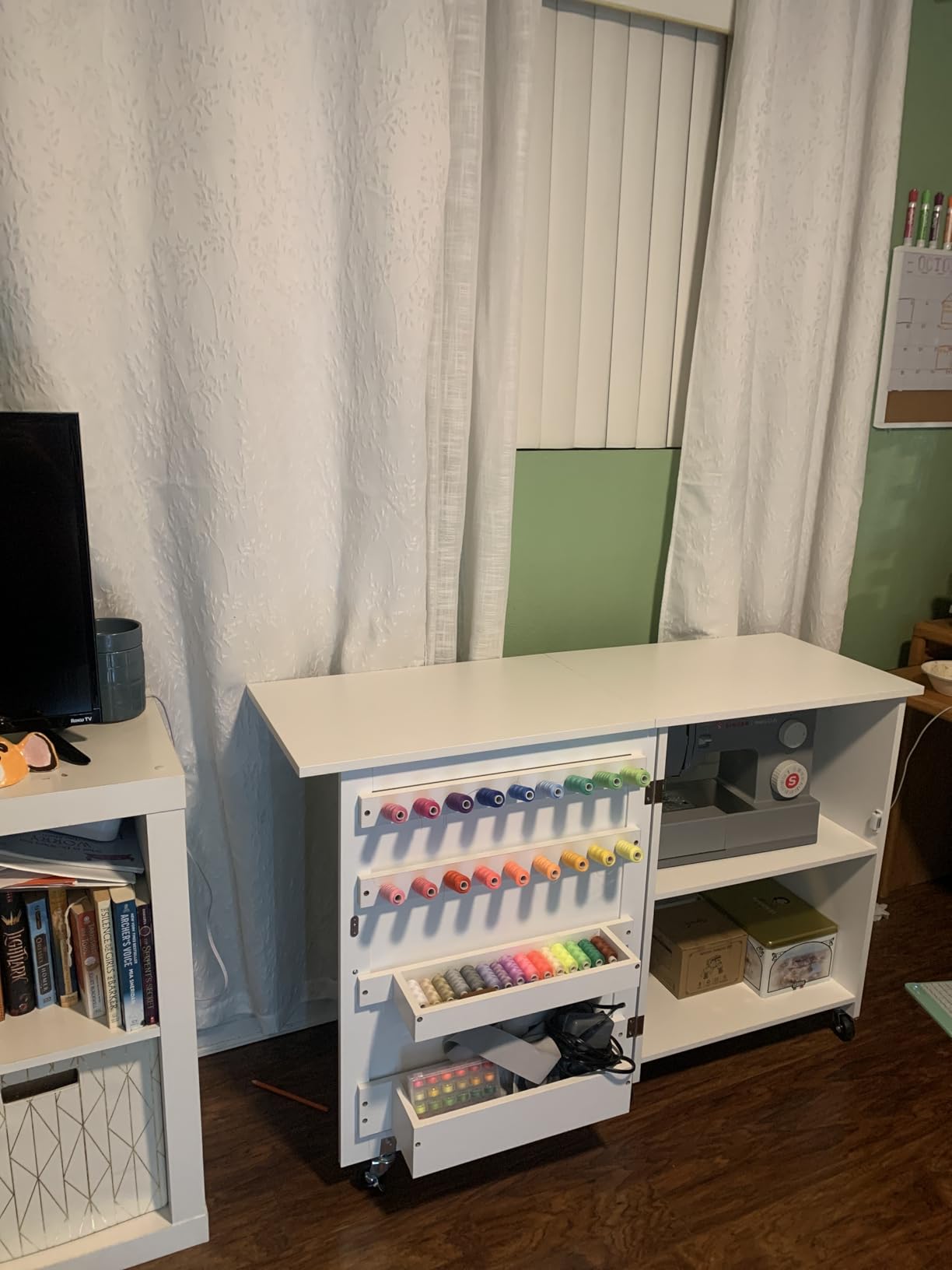 VEVOR Folding Sewing Table, Multipurpose Sewing Machine Table with Compact Design, Wheels, Shelves, Storage Trays, Wooden Pegs, and Magnetic Doors, Sewing Desk Cabinet for Sewing Machine, White customer photo 2