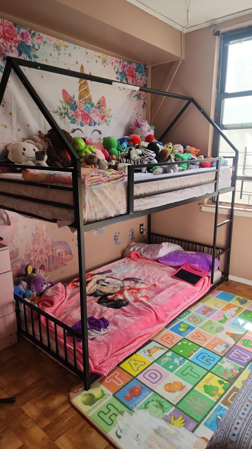 LIKIMIO Bunk Bed Twin Over Twin, House Bunk Bed Frame with Ladder and Guardrail, House Shaped with Metal Slats for Dormitory and Bedroom, Space Saving, No Box Spring Needed, White customer photo 2