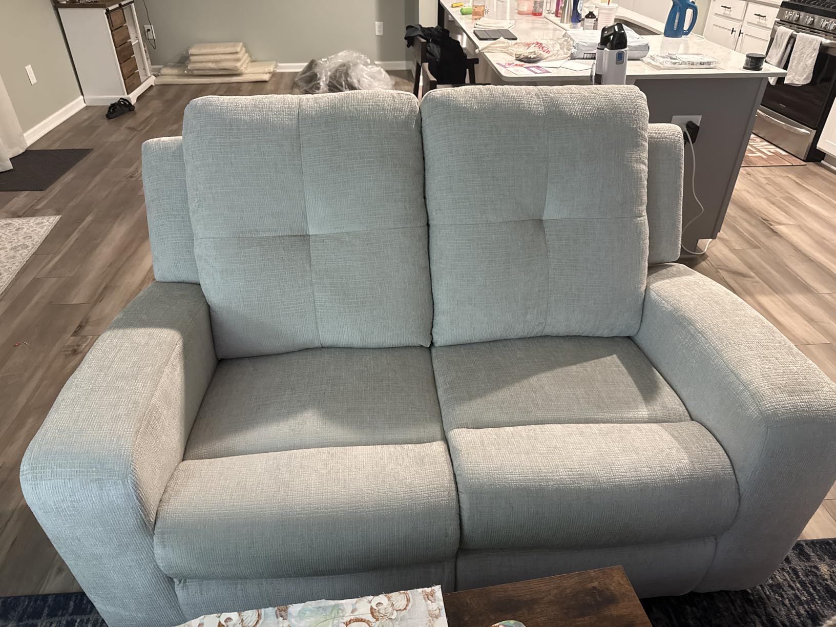 Signature Design by Ashley Danum Reclining Loveseat, Stone Chenille, 64 in | 3 in Zero Wall Design, Manual Pull Tab Mechanism, Fiber Wrapped Foam Cushions, Double Recliner, Throw Pillows Included customer photo 2