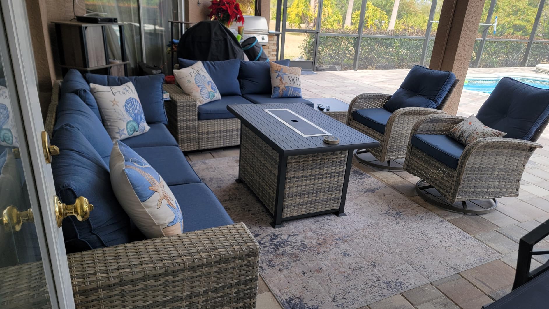 Outdoor Patio Furniture Set PE Wicker Rattan Outdoor Sectional Sofa | Patio Conversation Set with 55,000 BTU Fire Pit Table & Rocking Swivel Chair, Coffee Table & Thickened Cushions, Dark Grey customer photo 2