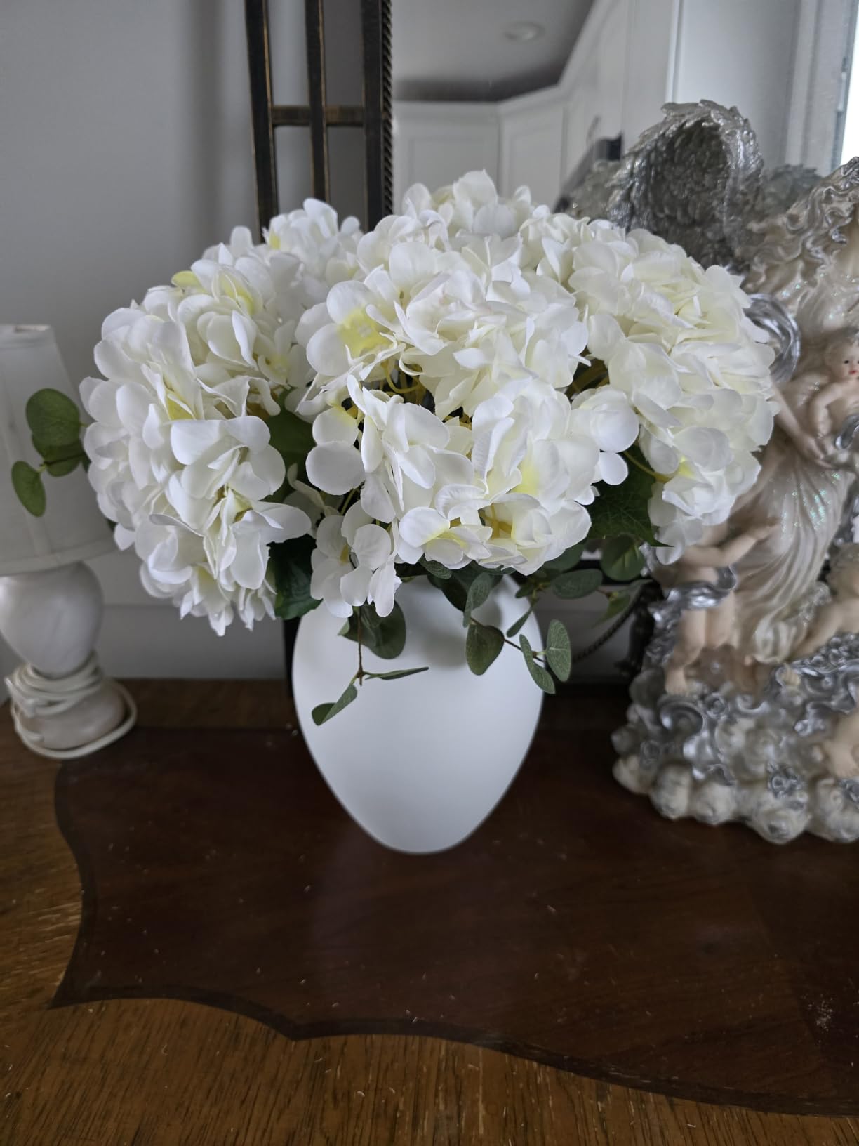 Real Touch White Faux Hydrangea And Eucalyptus Arrangement, Faux Floral Arrangements, Hyper Realistic Artificial Flowers, White Centerpieces For Kitchen Dining Coffee Table Decor (Vase Not Included) customer photo 2