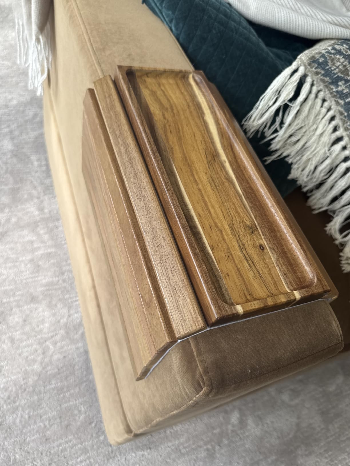 Acacia Wood Folding Sofa Arm Tray with Anti-Slip Pad | Couch Armrest Tray, Foldable, for Drinks, Snacks, Phone, Remote Control, Space Saving Storage, No Assembly, Gift box customer photo 1