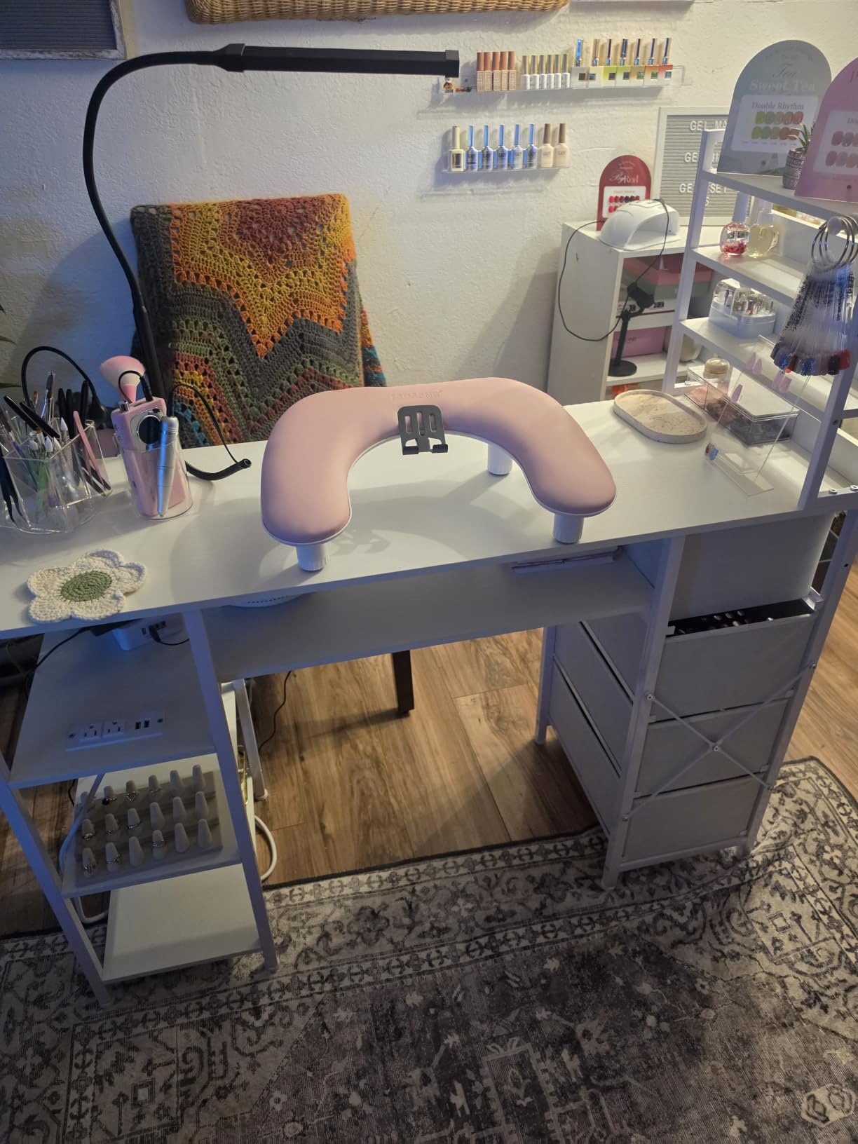 Manicure Table Nail Desk for Nail tech with Drawers and Power Outlet,Nail Beauty Table with Storage and Open Shelves for Home,Workshop,Makeup Beauty Salon Workstation (White) customer photo 1