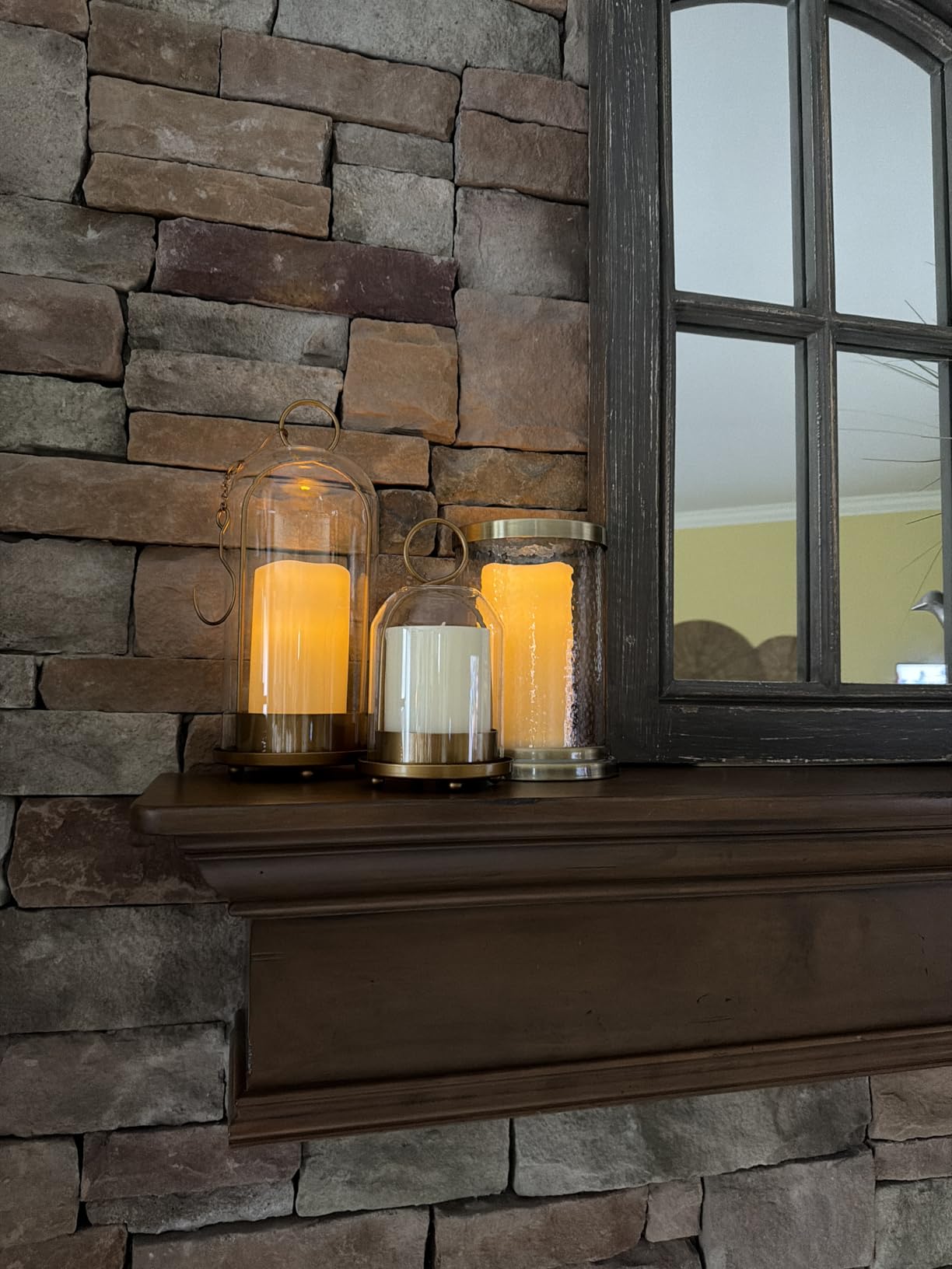 Hurricane Glass Candle Holders, Large & Medium Brass Lanterns Hurricane Candlestick Holder for Pillar Candles Vintage, Gold Metal Rustic Farmhouse Decor with Hook Chains customer photo 1