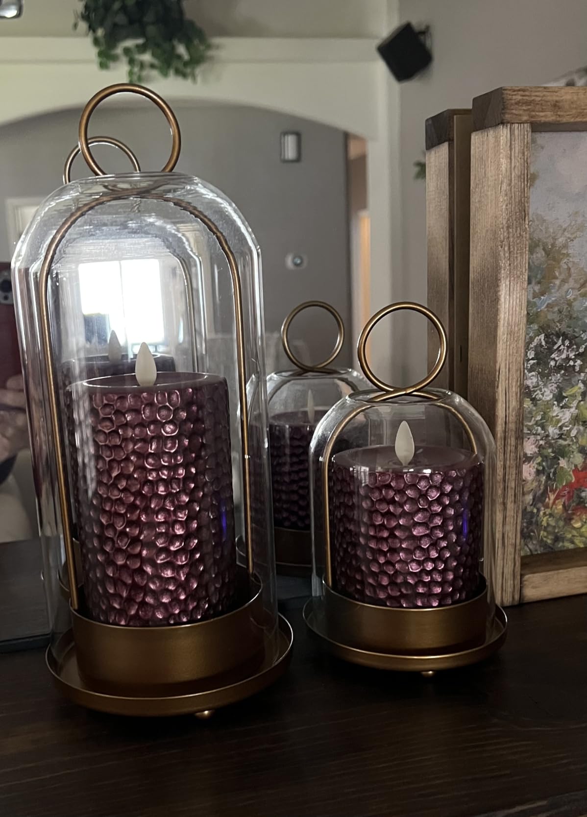 Hurricane Glass Candle Holders, Large & Medium Brass Lanterns Hurricane Candlestick Holder for Pillar Candles Vintage, Gold Metal Rustic Farmhouse Decor with Hook Chains customer photo 2