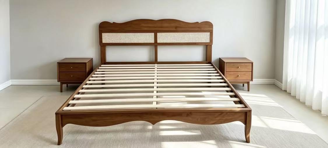 PHI VILLA Solid Wood King Size Bed Frame with Adjustable Headboard | Mid Century Boho Rattan Platform Bedframe for Bedroom, No Box Spring Needed, Brown customer photo 1